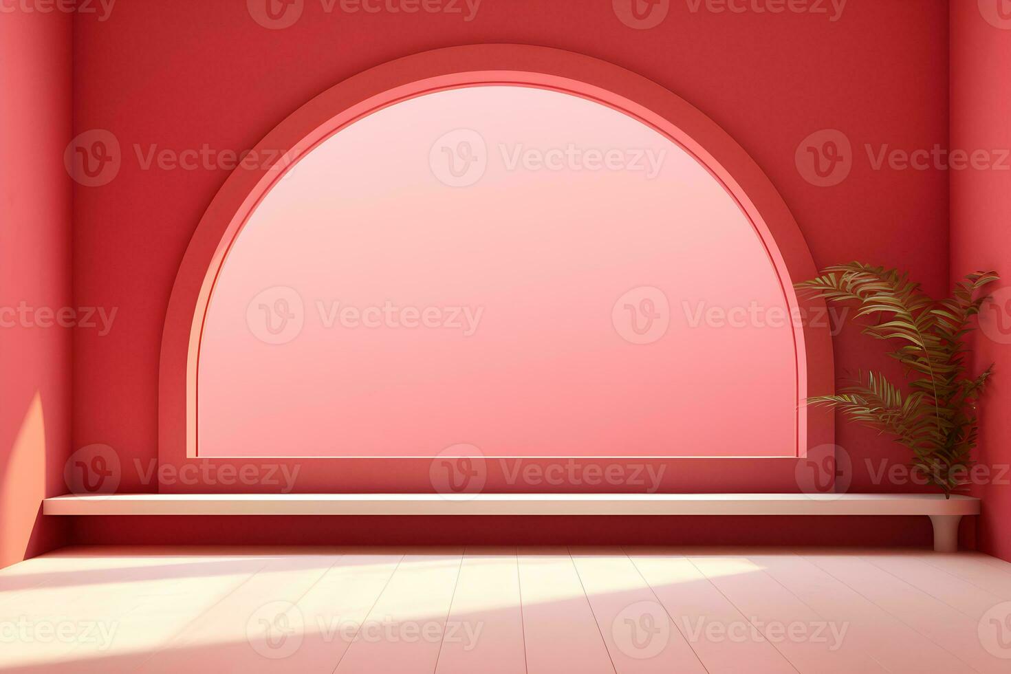 Table for display of presentation product with red wall room with windows showing sunlight, in the style of minimalist background, modern interior concept, AI generate photo