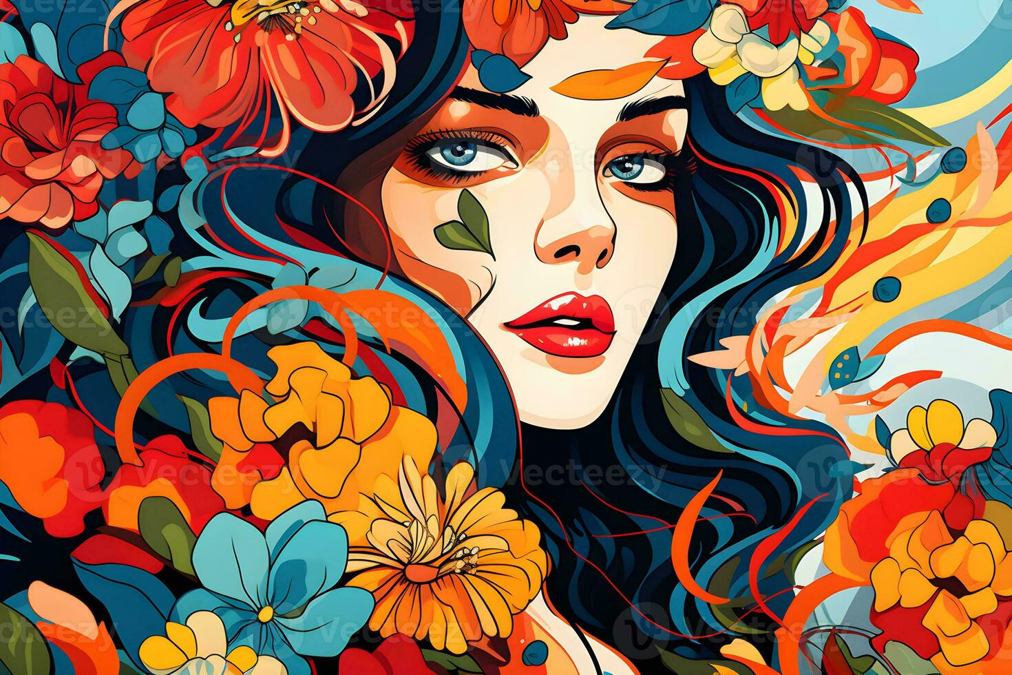 abstract background woman face pop art style flowers patterns illustrations background, AI generate photo