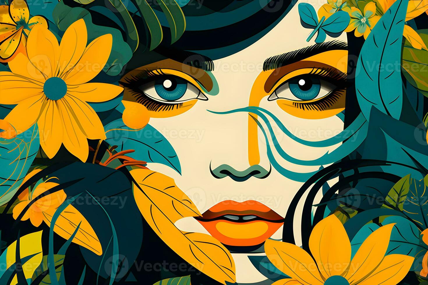 abstract background woman face pop art style flowers patterns illustrations background, AI generate photo