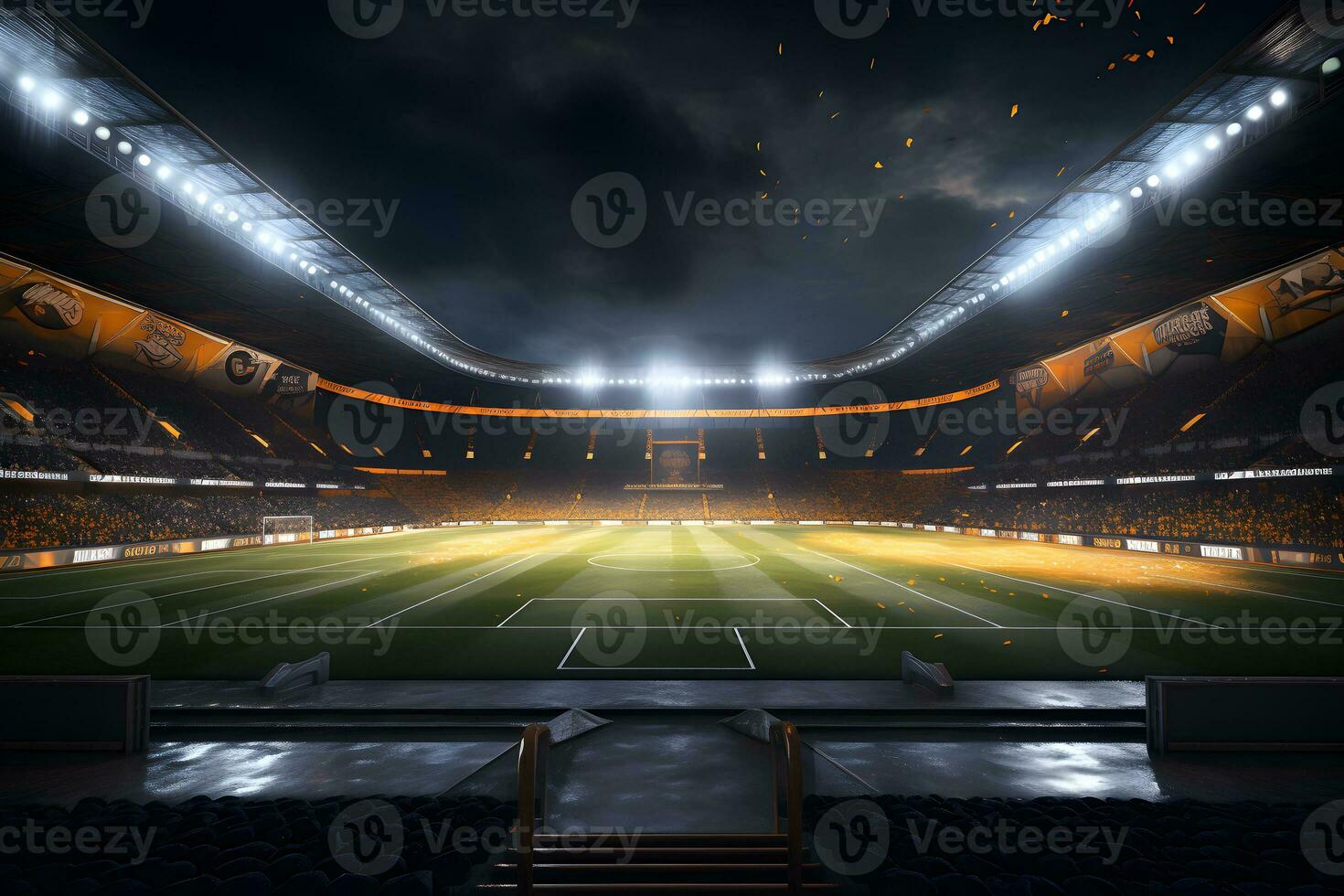 Football soccer field stadium at night and spotlight, AI generate photo