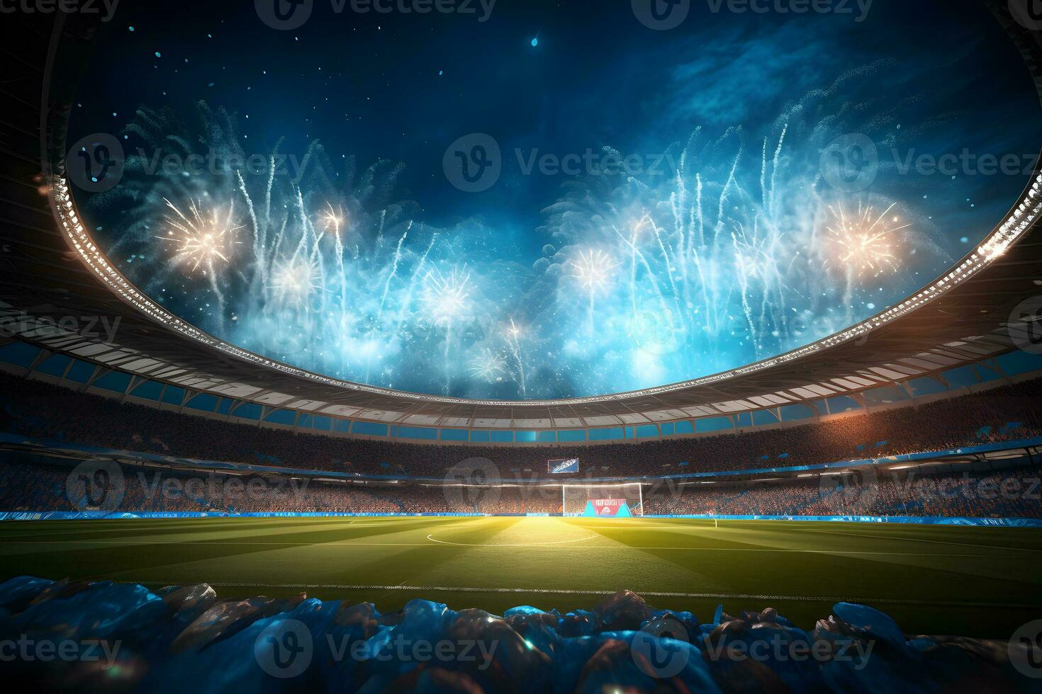 Football soccer field stadium at night and fireworks, AI generate ...