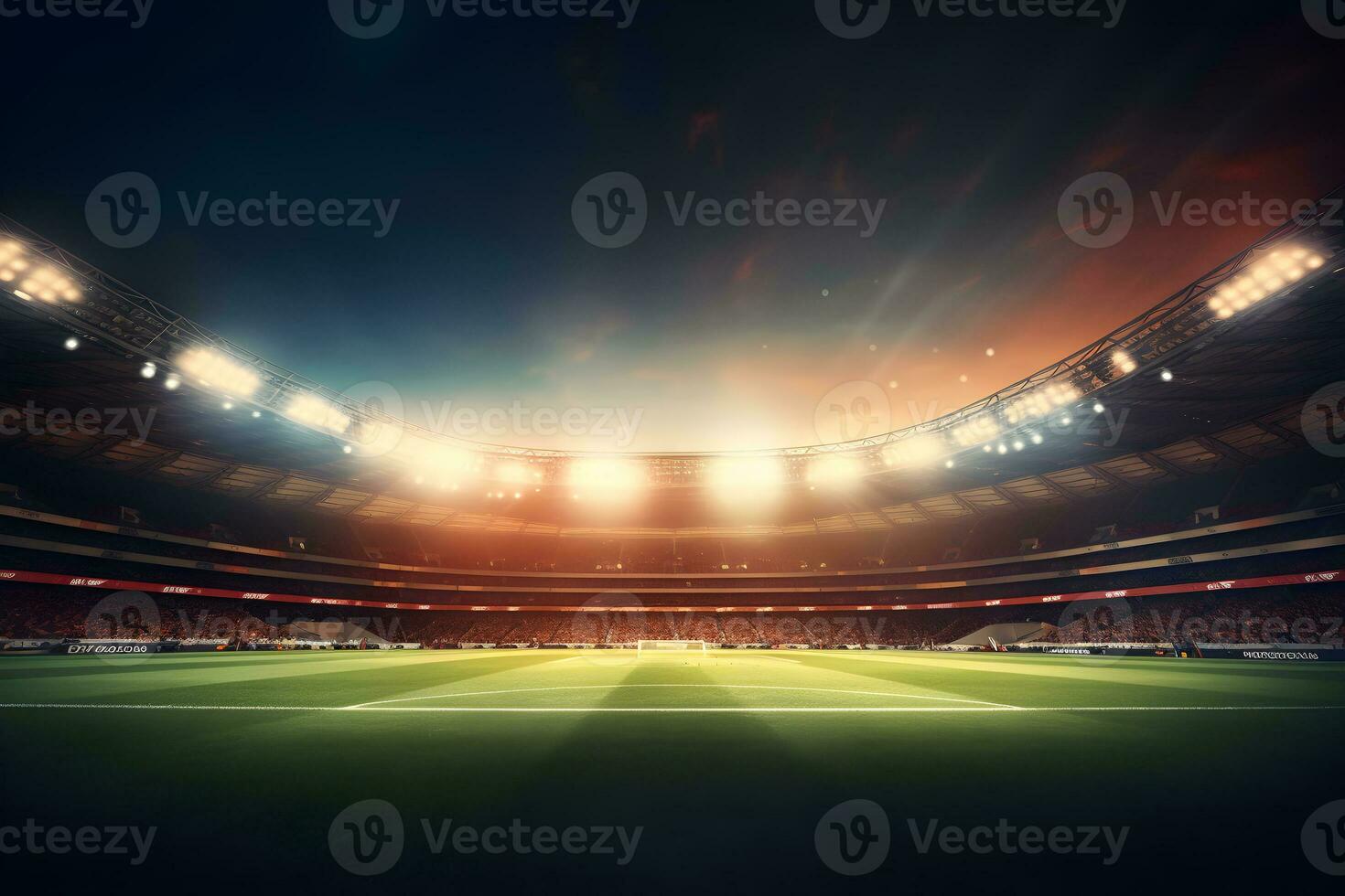 Football soccer field stadium at night and spotlight, AI generate photo