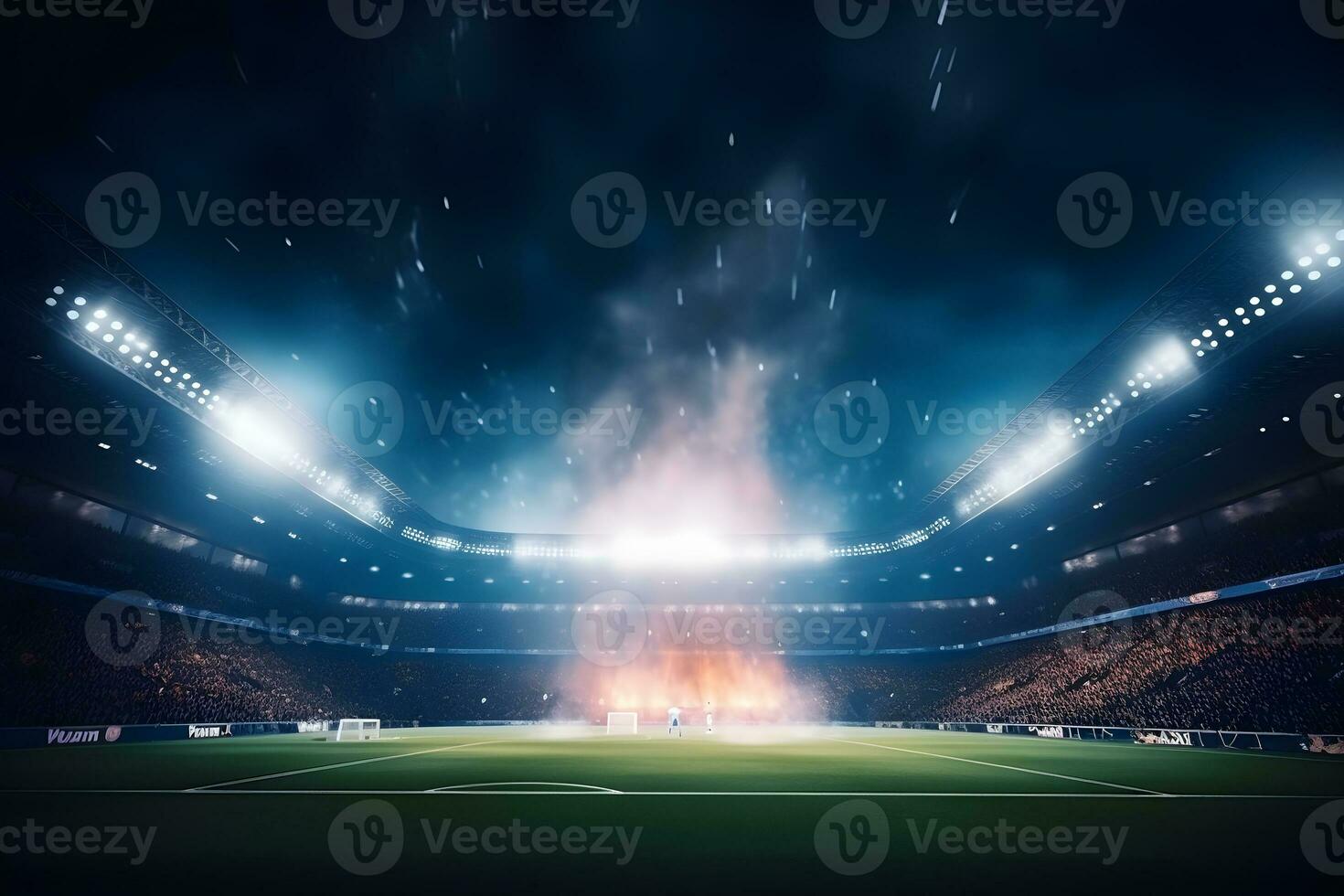 Football soccer field stadium at night and spotlight, AI generate photo