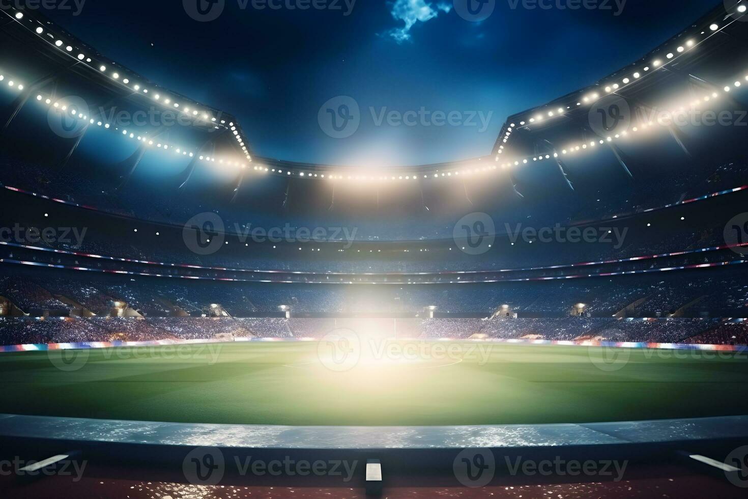 Football soccer field stadium at night and spotlight, AI generate photo