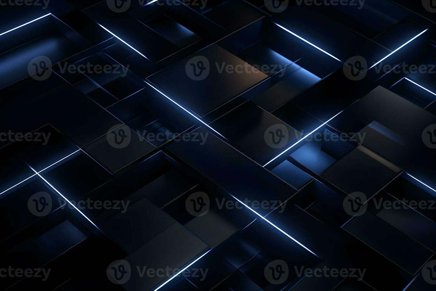 abstract 3d background black and blue with geometric blue light design, AI generate photo