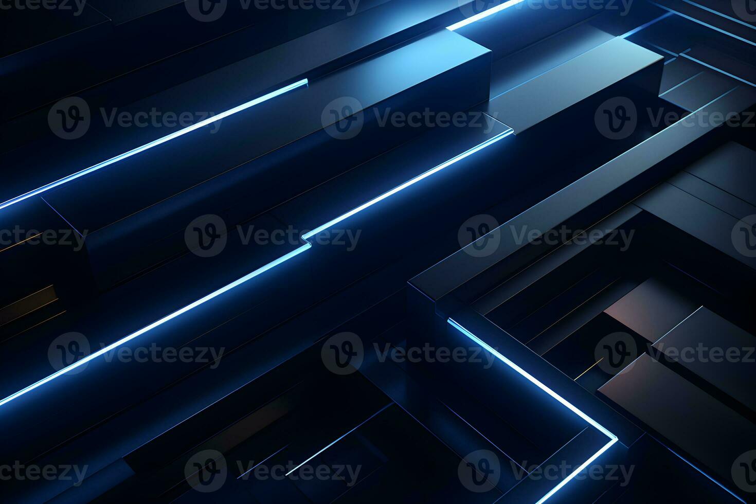 abstract 3d background black and blue with geometric blue light design, AI generate photo