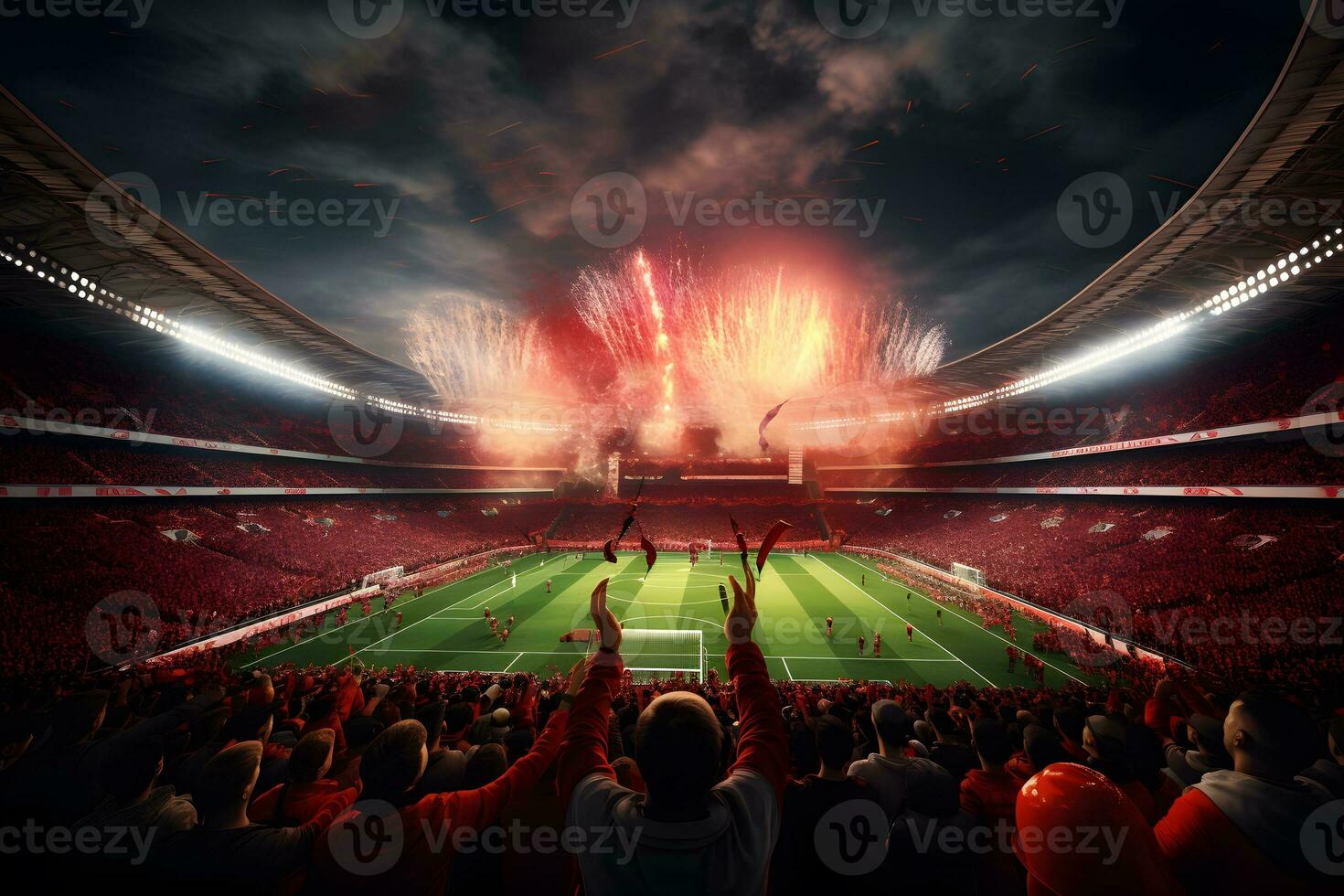 Football soccer field stadium at night and fireworks, AI generate photo