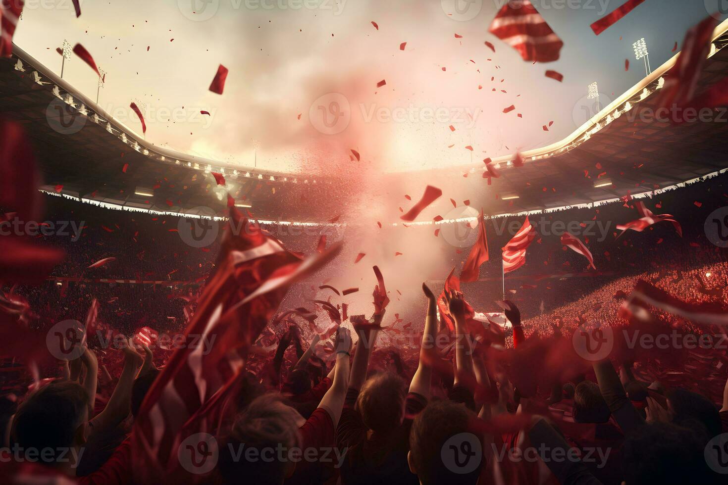 Soccer fans cheering their team with at crowded stadium, AI generate photo