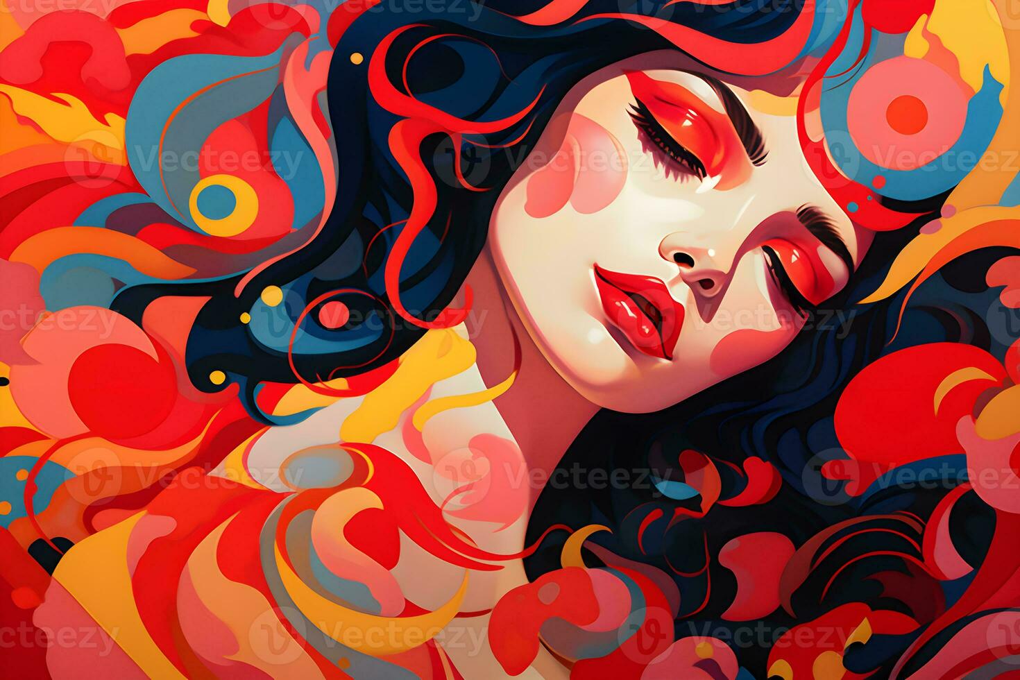 abstract background woman face pop art style flowers patterns illustrations background, AI generate photo