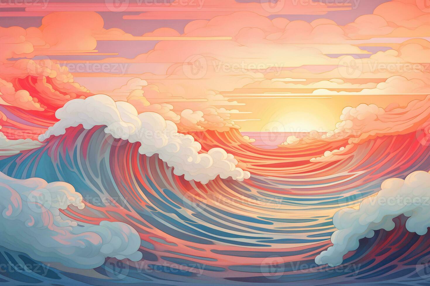 abstract wavy lines in Watercolor pastel colors art sea waves background with clouds and sun, AI generate photo