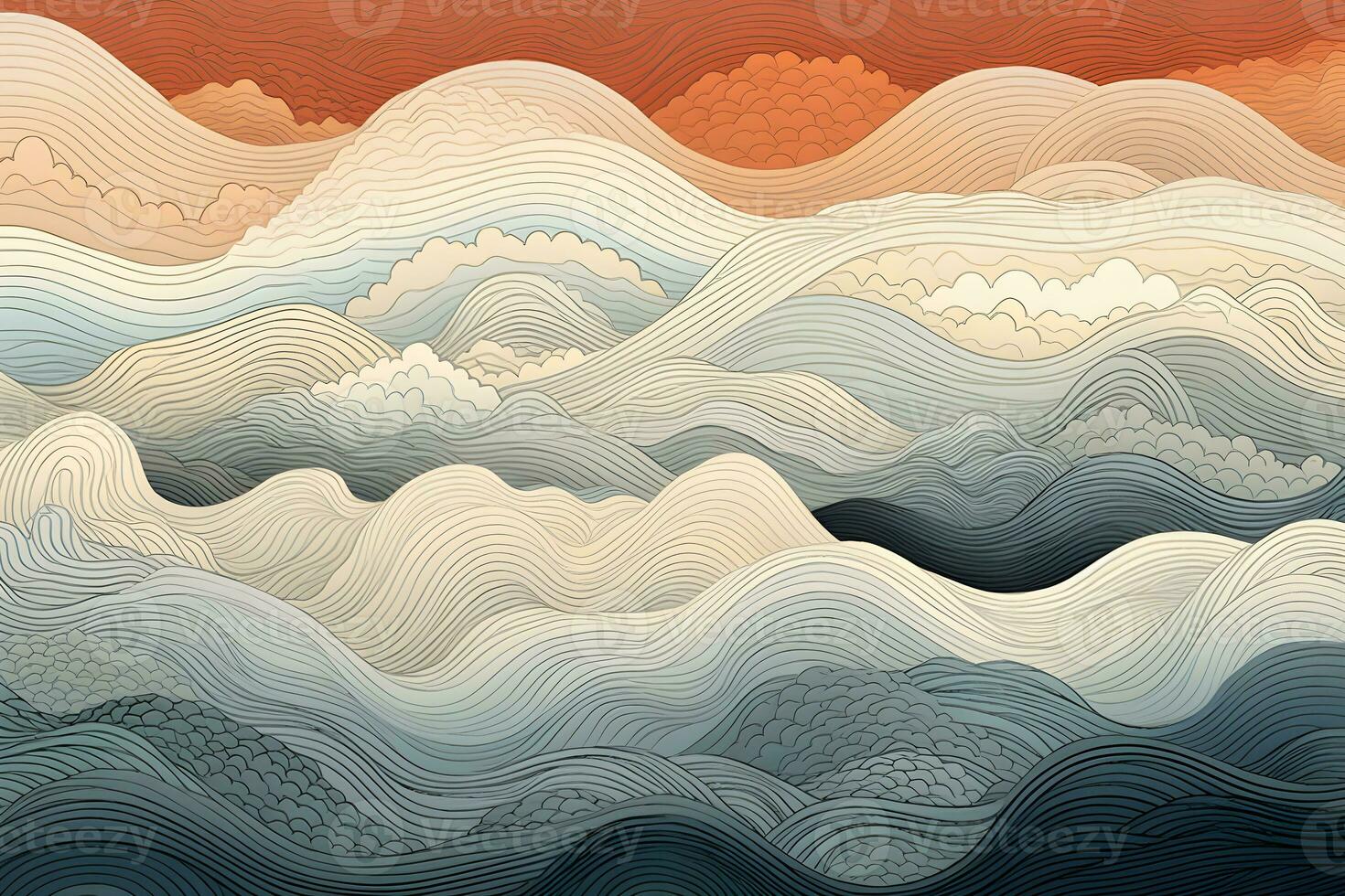 abstract waves and mountains Japanese style background with line wave pattern, AI generate photo