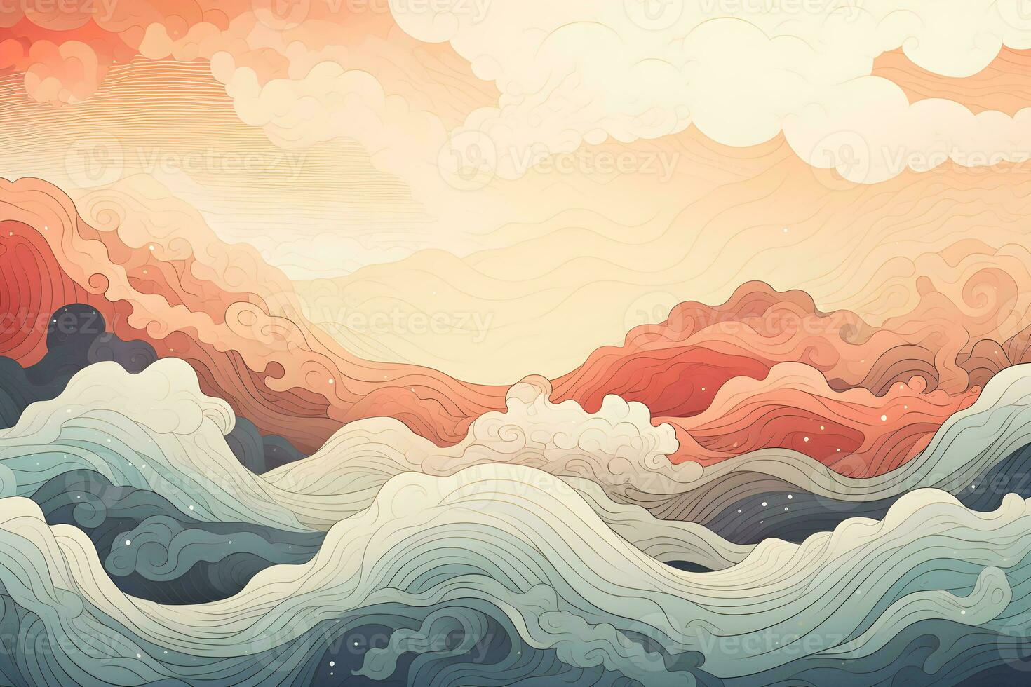 abstract waves and mountains Japanese style background with line wave pattern, AI generate photo