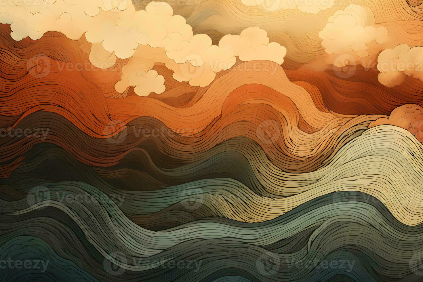 abstract waves and mountains Japanese style background with line wave pattern, AI generate photo