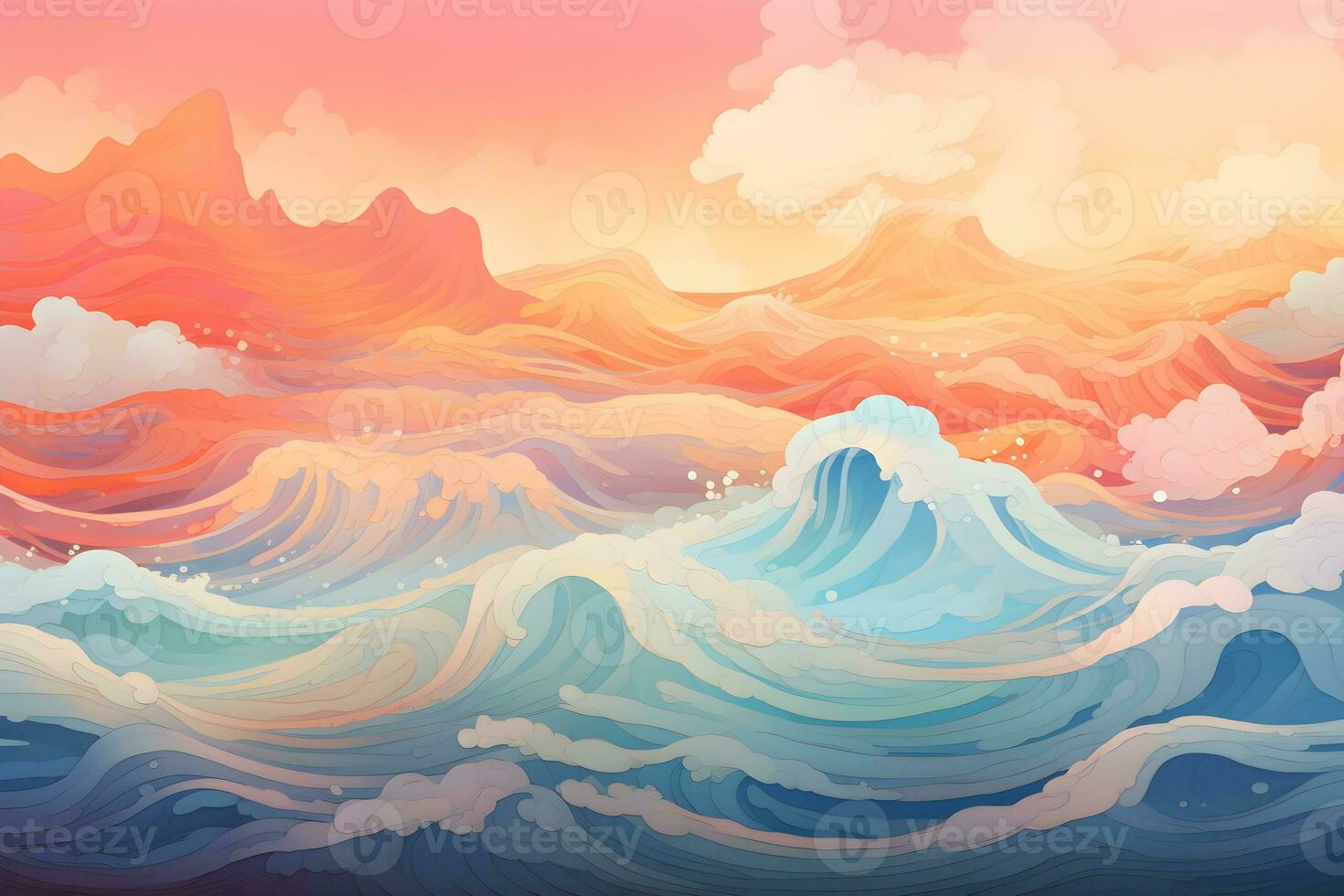 abstract waves and mountains Japanese style background with line wave pattern, AI generate photo