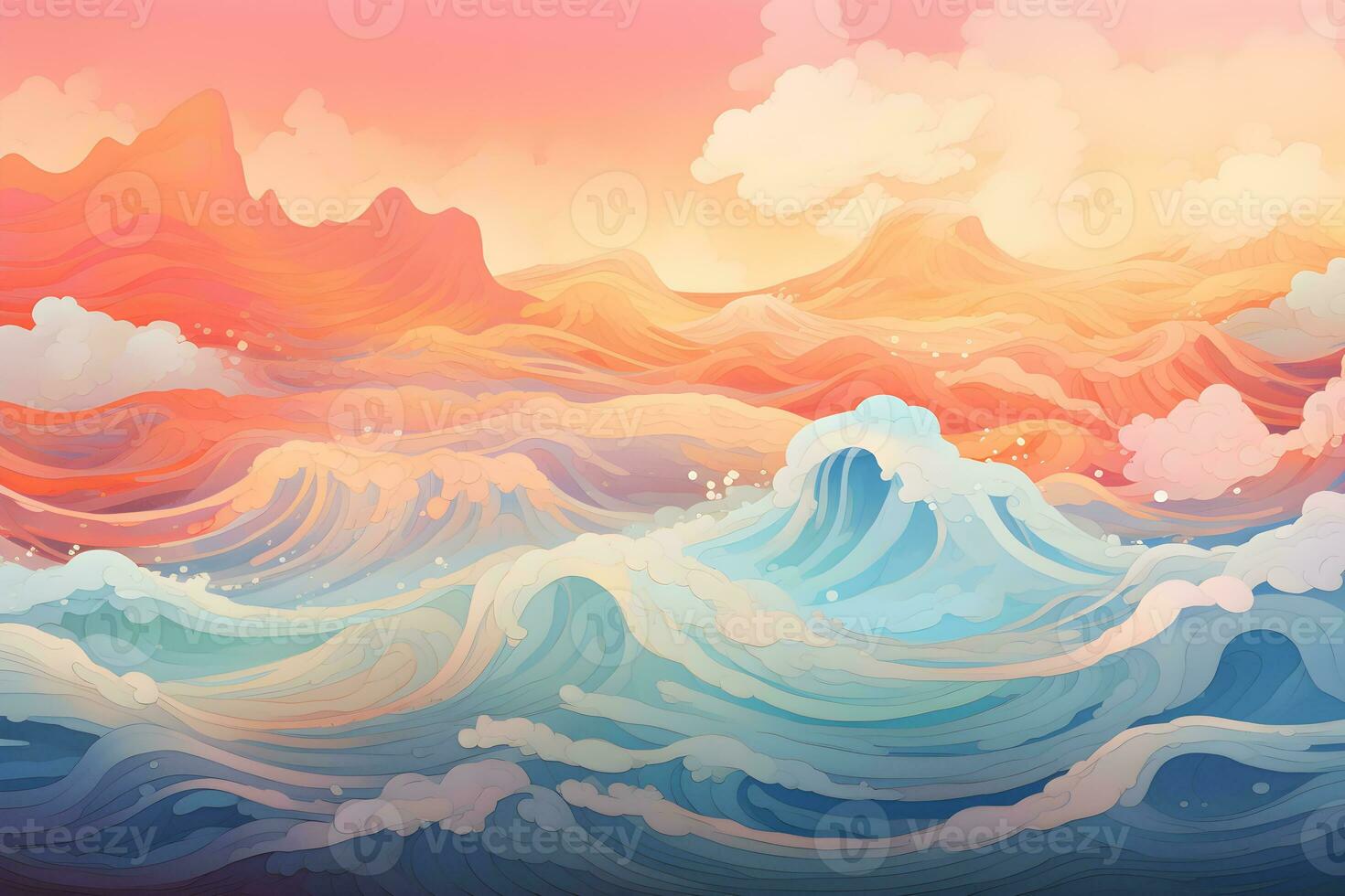 abstract waves and mountains Japanese style background with line wave pattern, AI generate photo