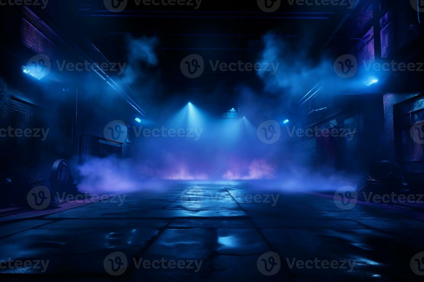 dark empty street dark blue background, scene city with lights, lights shining from above, in the style of smokey background, highly staged scenes, red and azure, AI generate photo