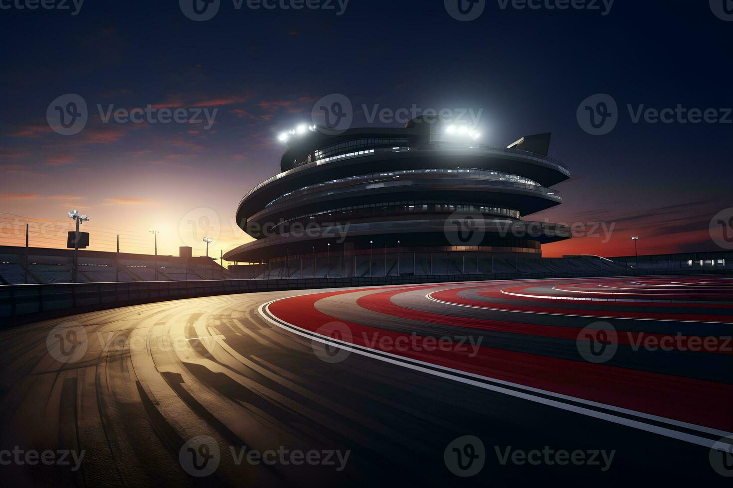 asphalt racing track and illuminated race sport at stadium evening arena and spotlight, AI generate photo