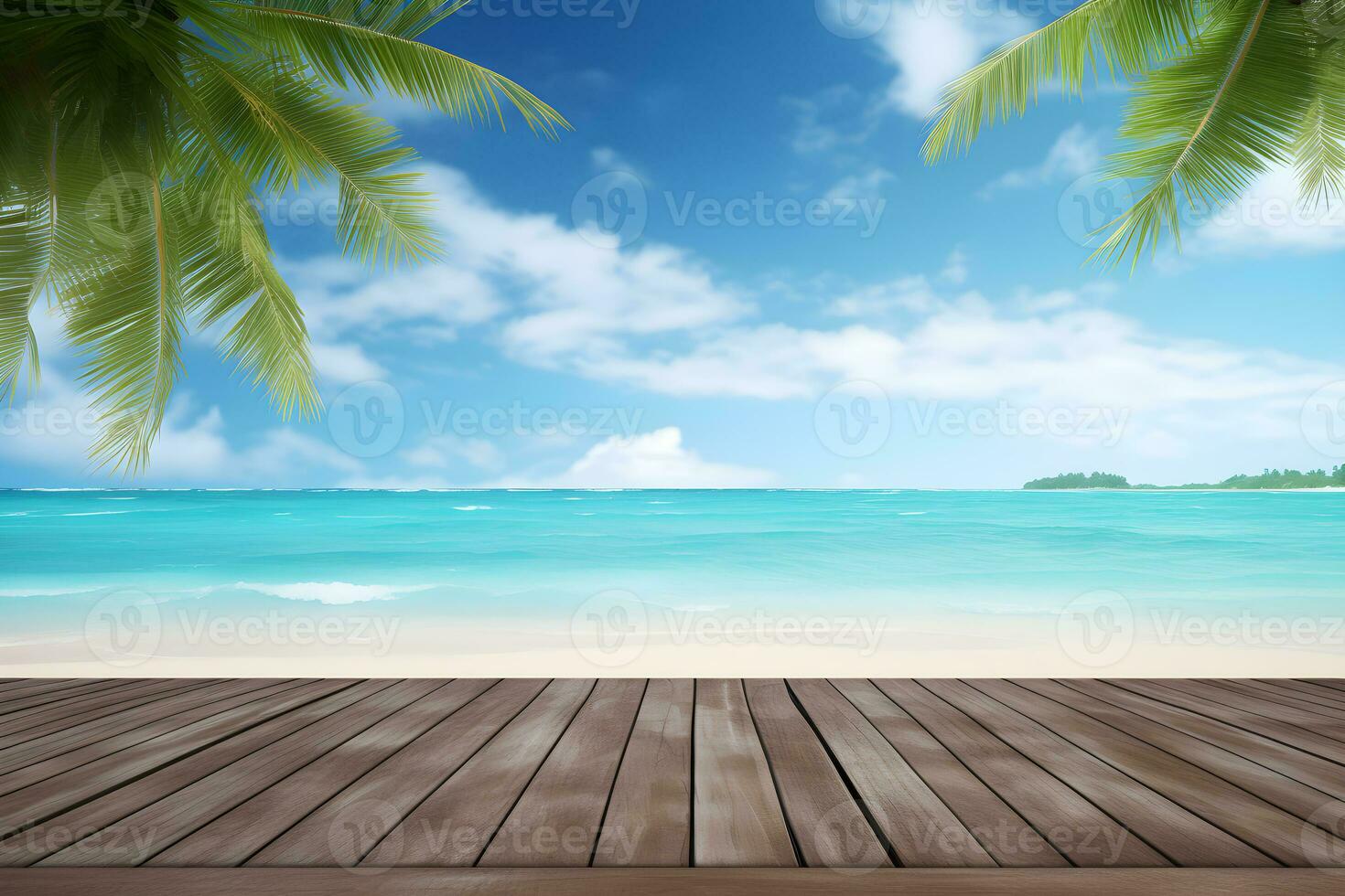 Summer tropical sea beach with waves, palm leaves and blue sky with clouds. Vacation landscape with empty wooden table for display of presentation product, AI generate photo