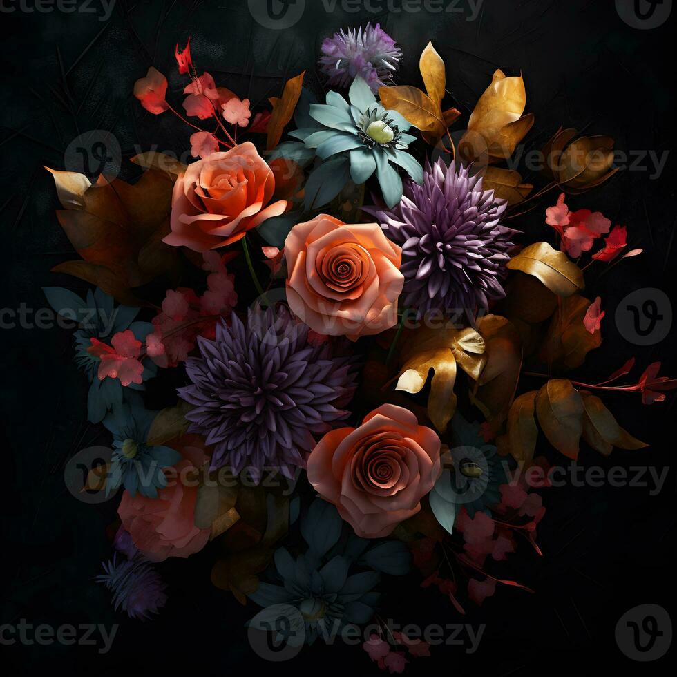 Bouquet of flowers and leaves. Flat lay. Nature concept. Floral Greeting card. Colorful spring flower background, ai generate photo