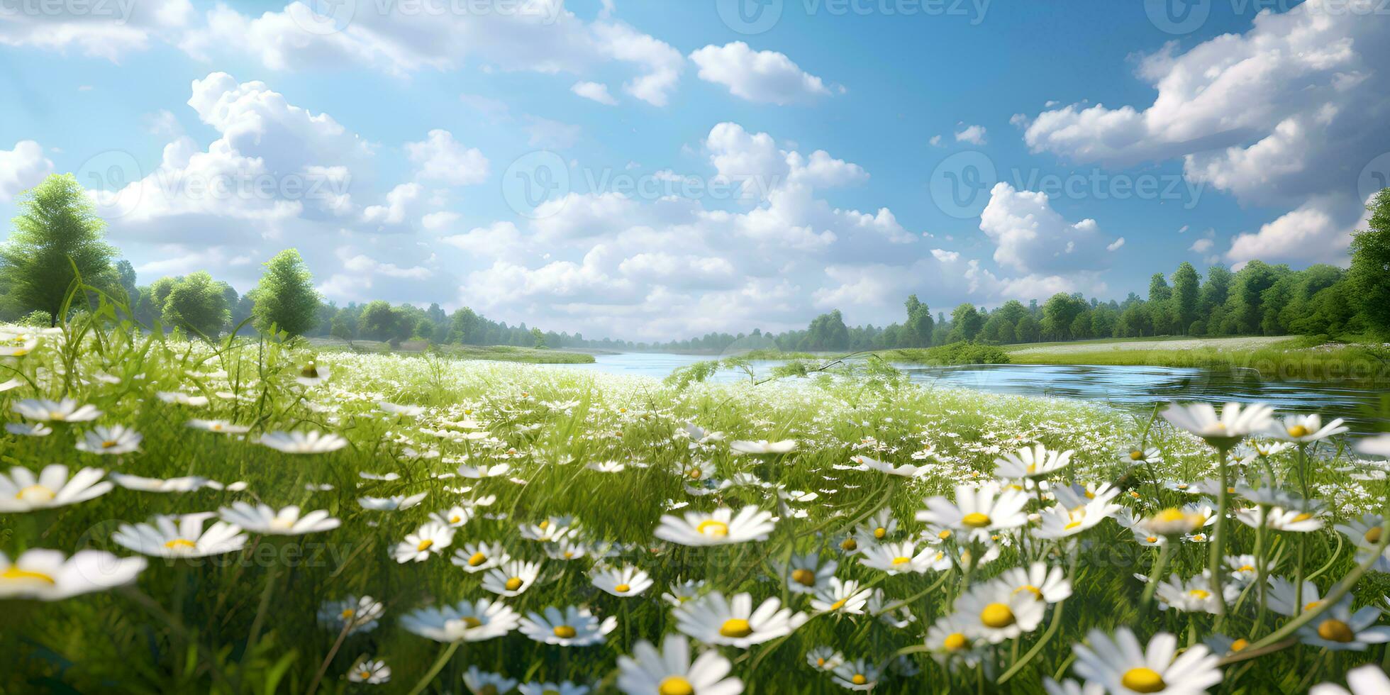 Field of daisies and sky, ai generate photo