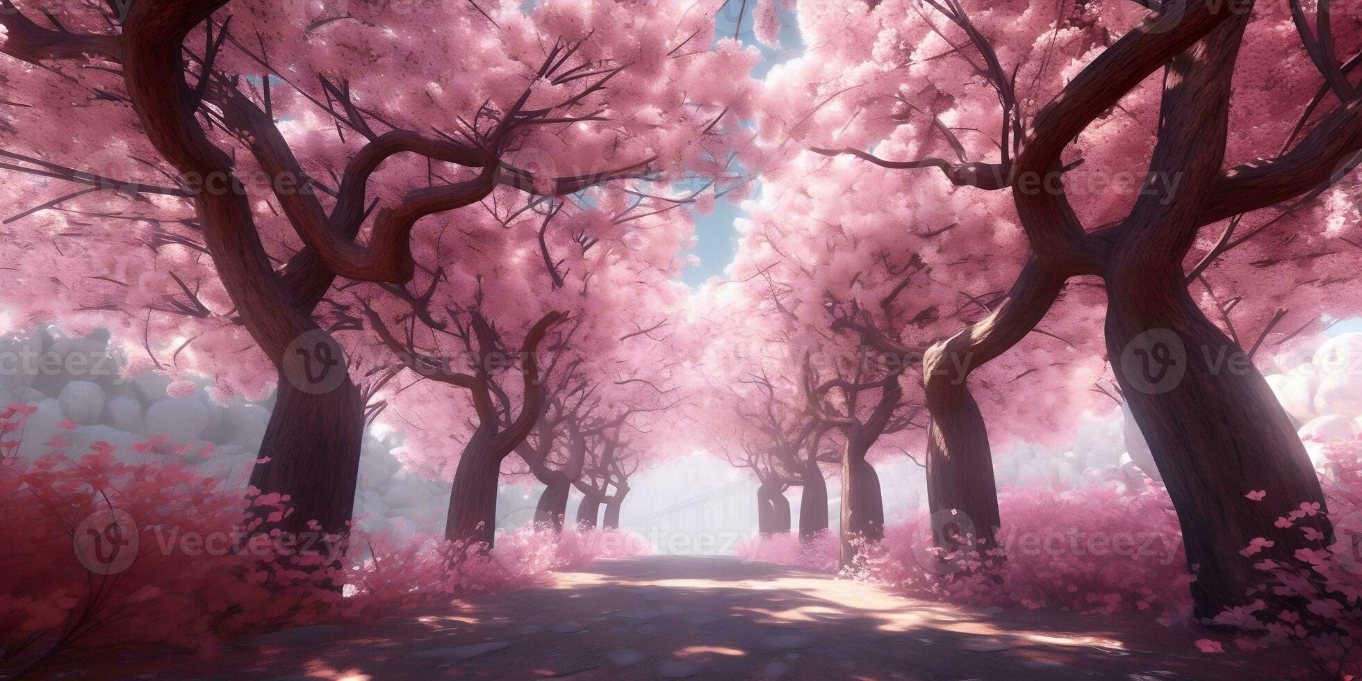 the romantic tunnel of pink cherry blossom flower trees spring in the park, ai generate photo