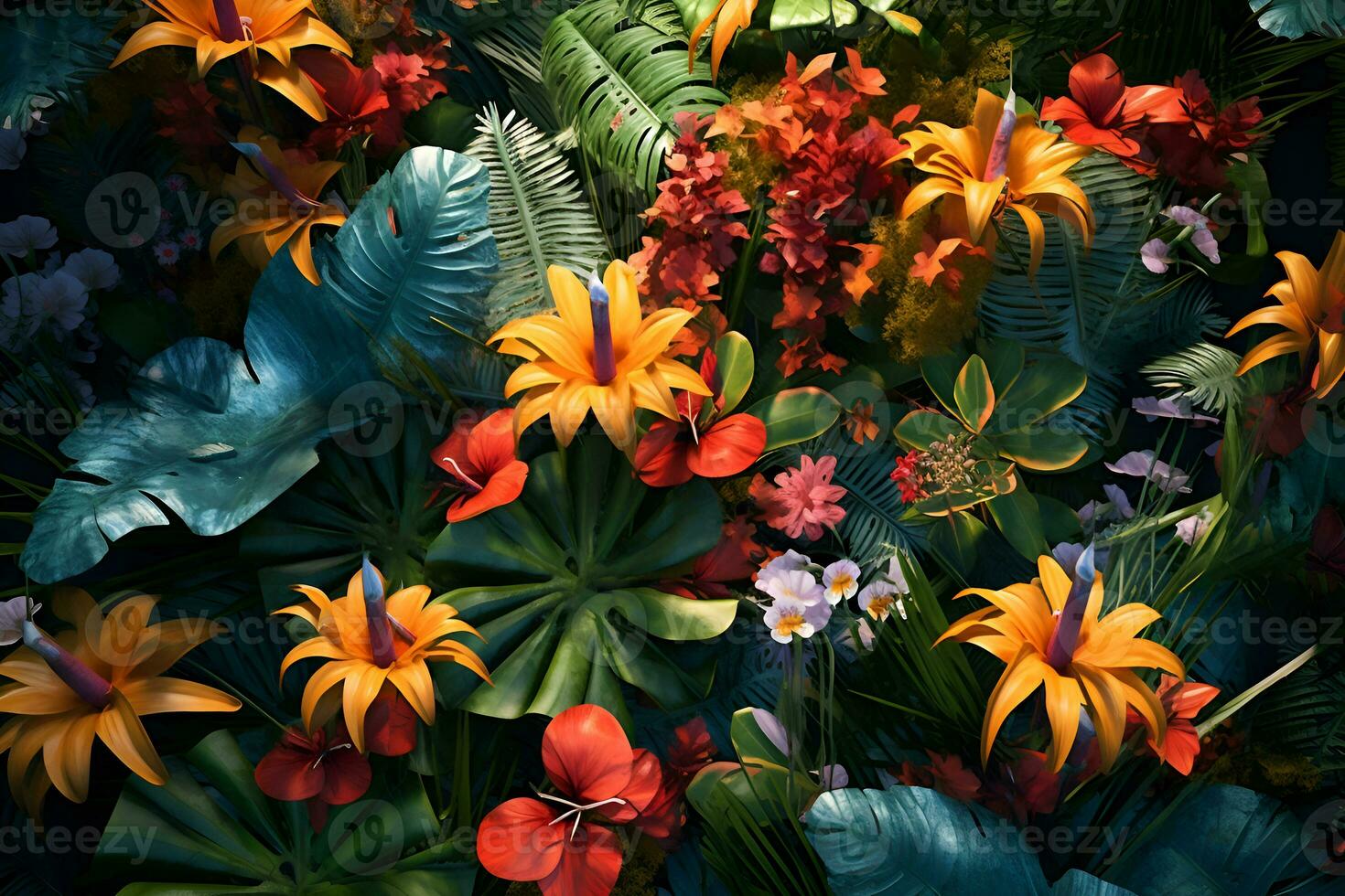 Colorful flowers in the garden, Top view tropical flowers plants background, ai generate photo