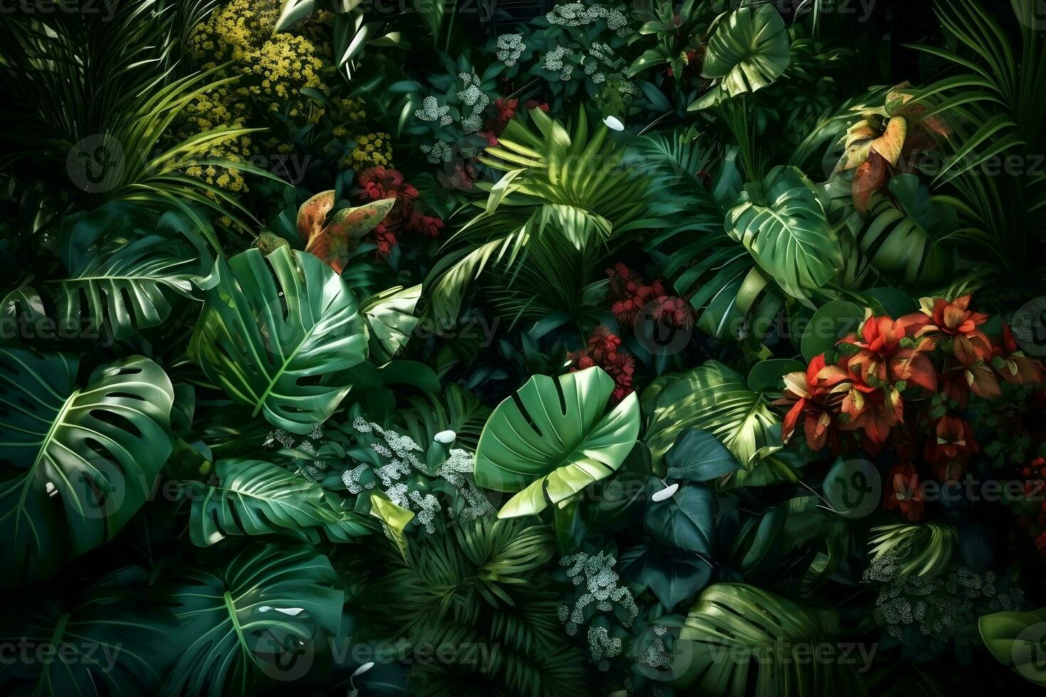 Top view tropical flowers trees plants background, ai generate photo