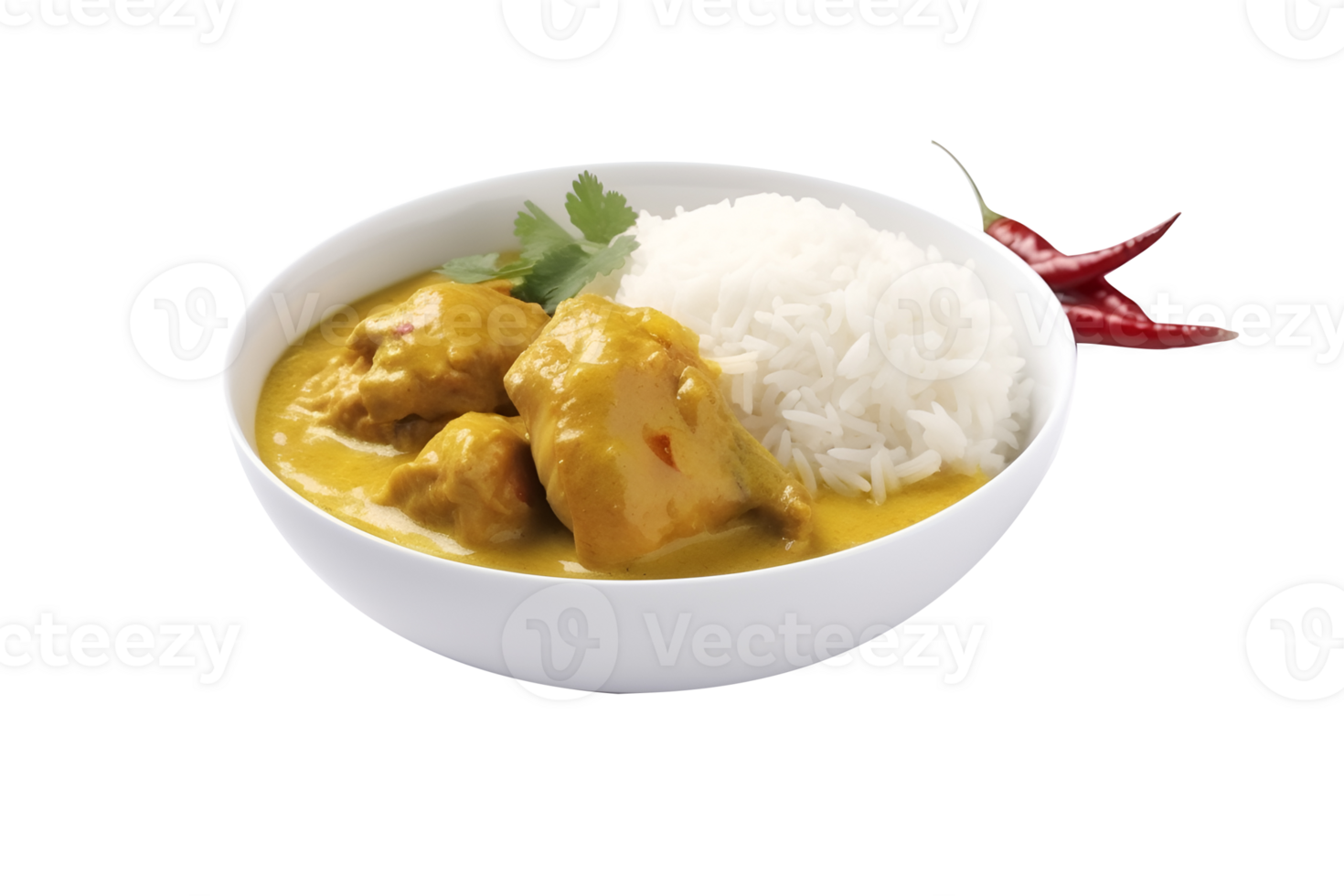 Chicken curry with jasmine rice in a white plate, isolated on white  background, ai generate png