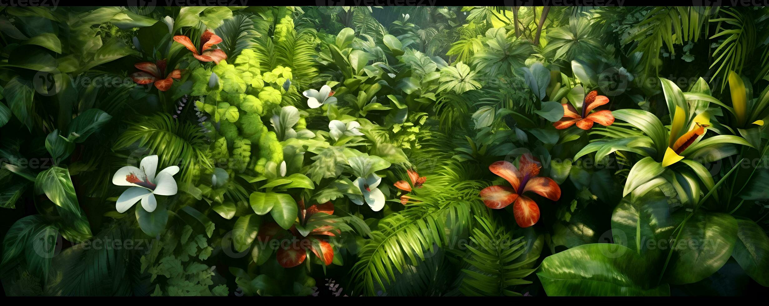 Top view tropical flowers trees plants background, ai generate photo