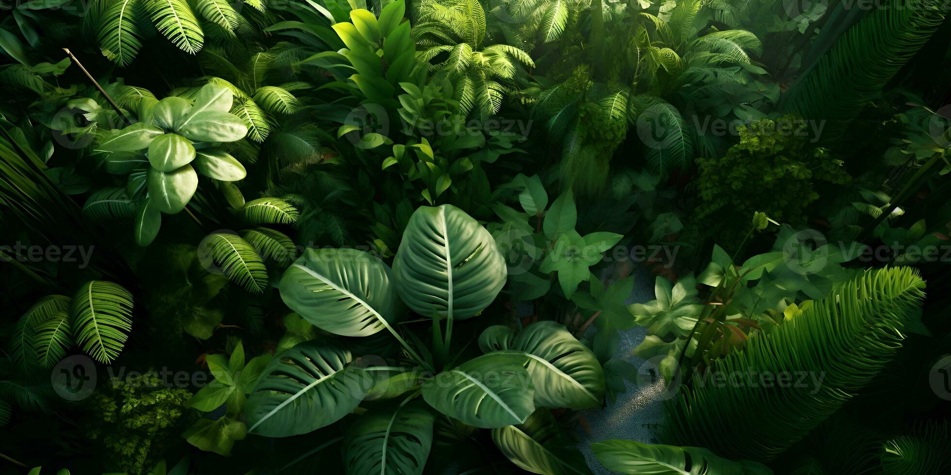 Top view tropical flowers trees plants background, ai generate photo