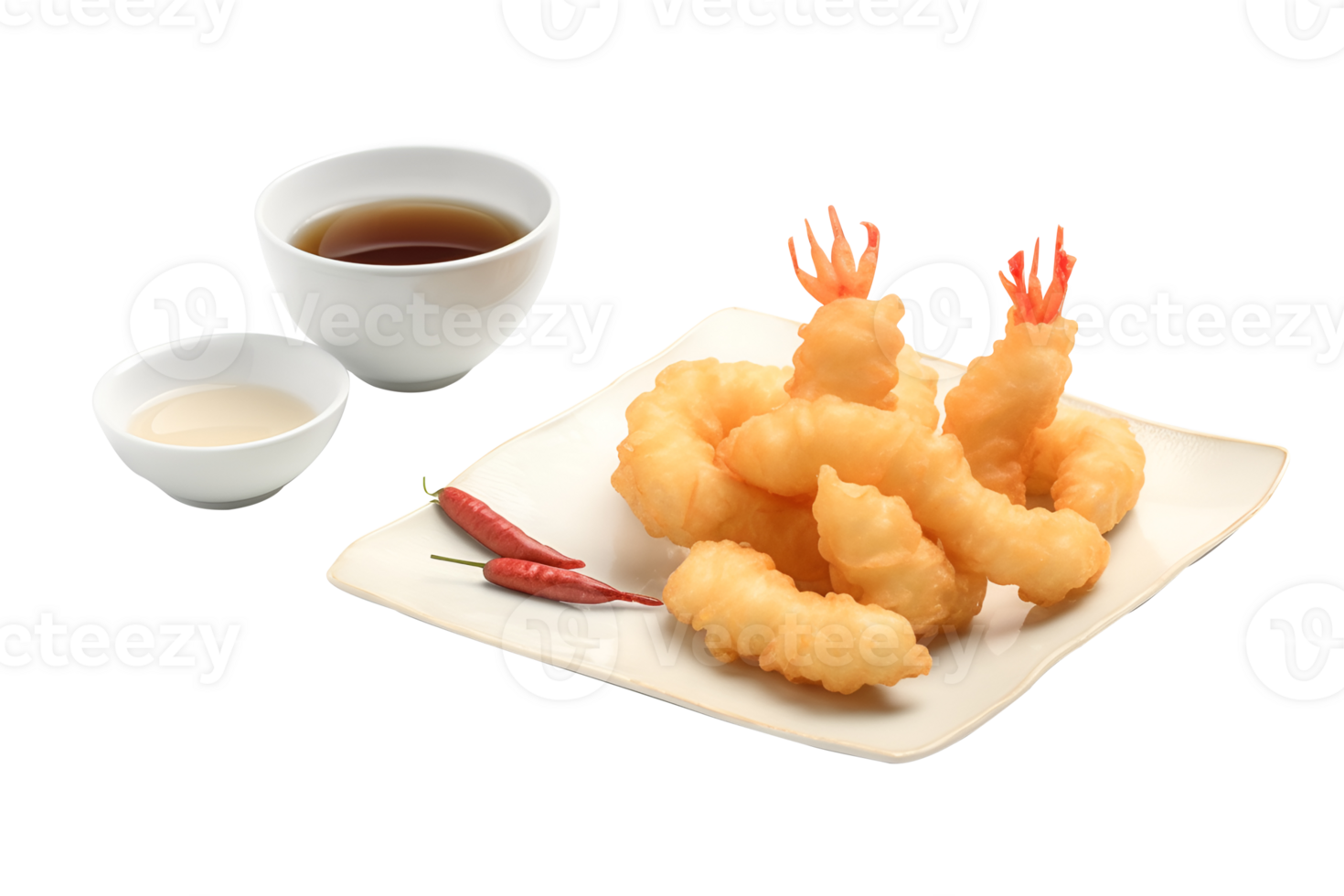 Tempura fried shrimp in a plate, isolated on white background, ai generate png