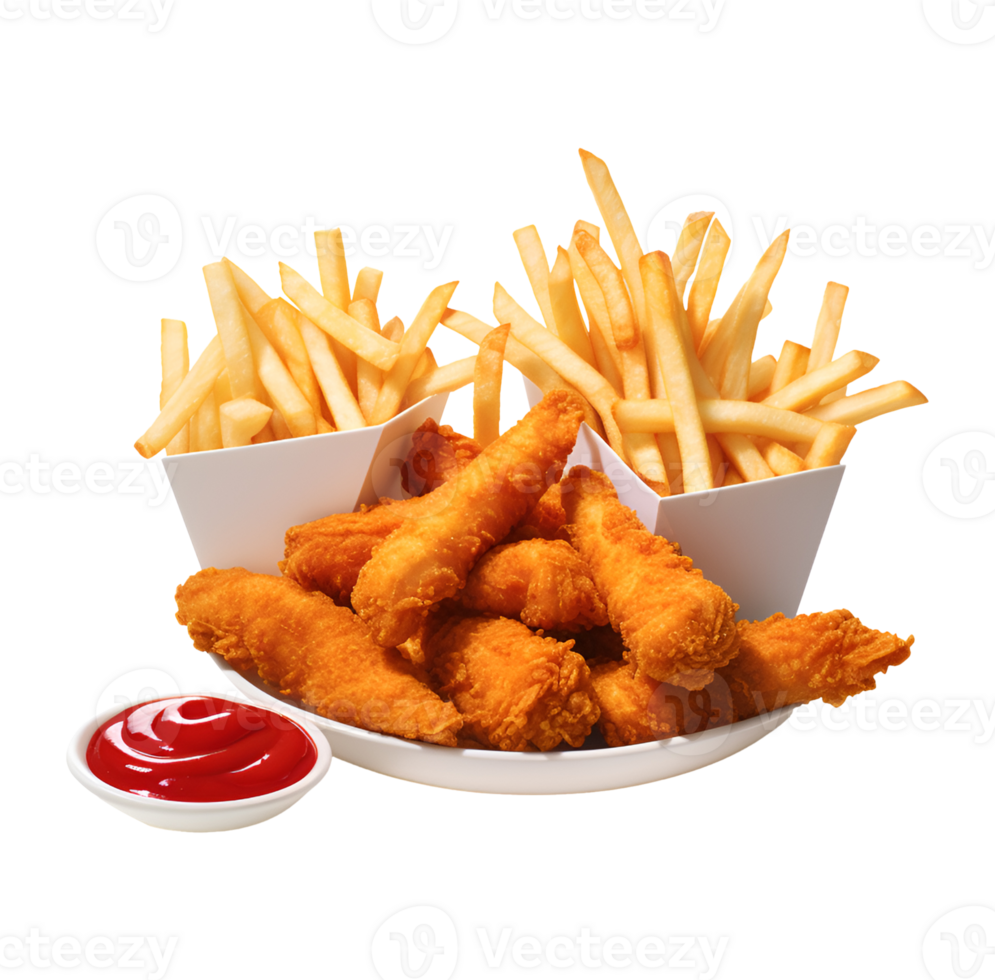 Fried chicken wings and french fries in a box, isolated on white transparent background, ai generate png