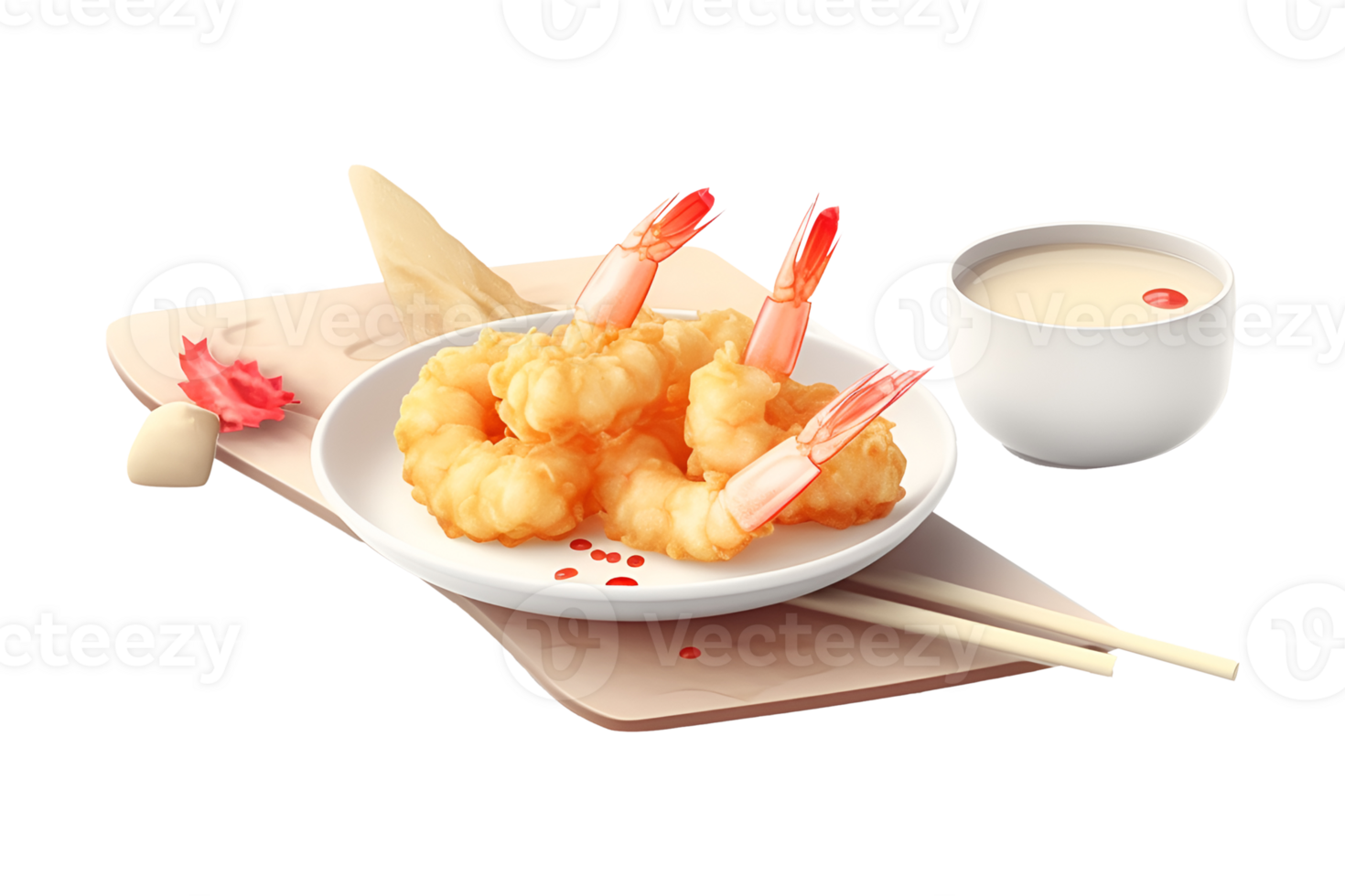 Tempura fried shrimp in a plate, isolated on white transparent background, ai generate png