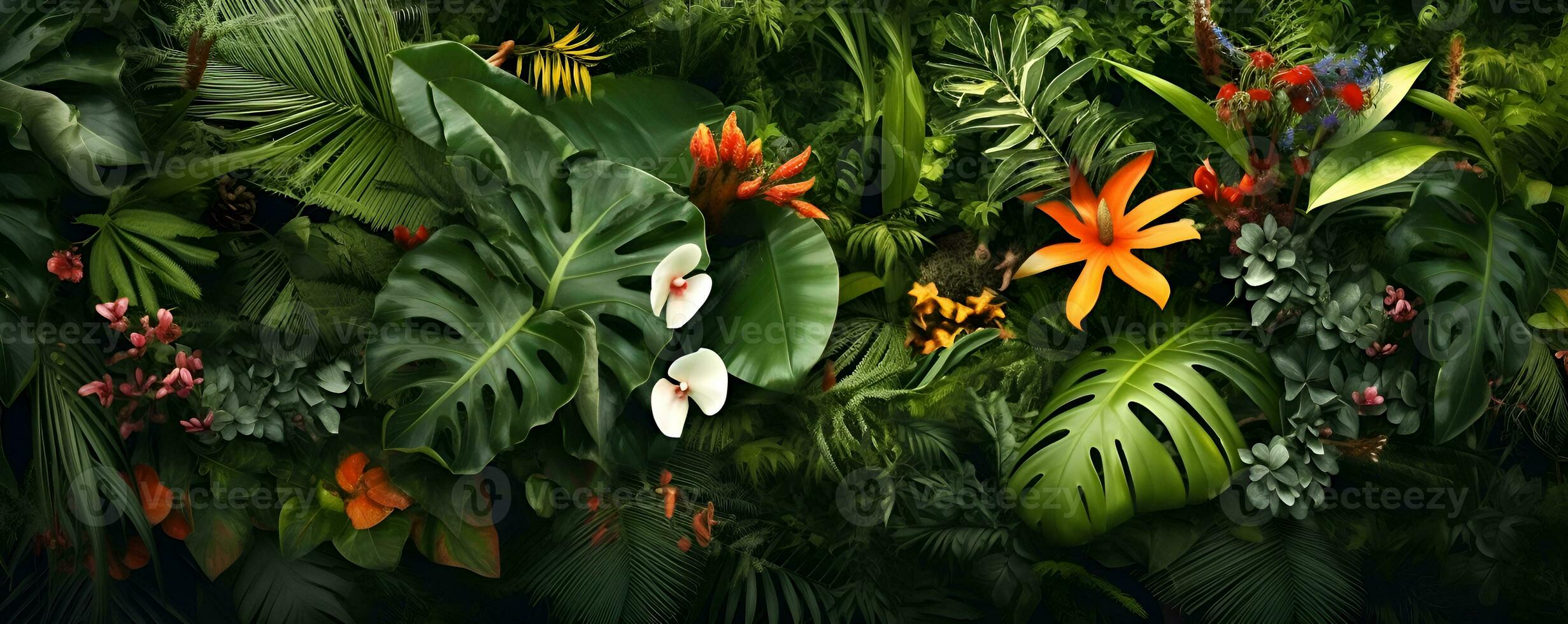 Top view tropical flowers trees plants background, ai generate photo