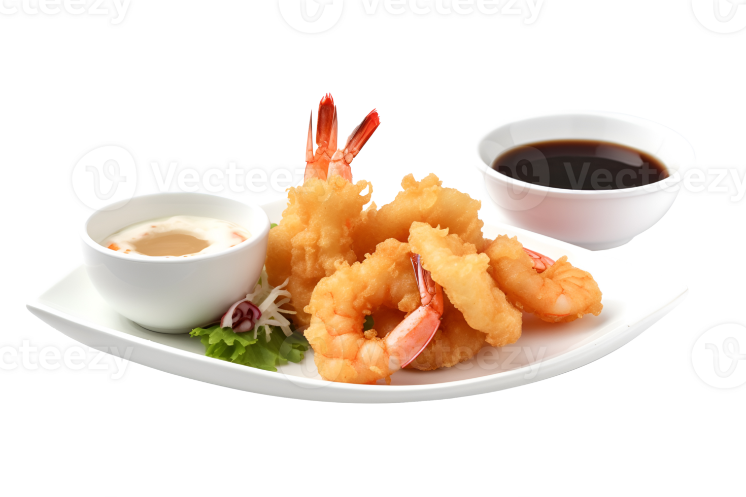 Tempura fried shrimp in a plate, isolated on white background, ai generate png