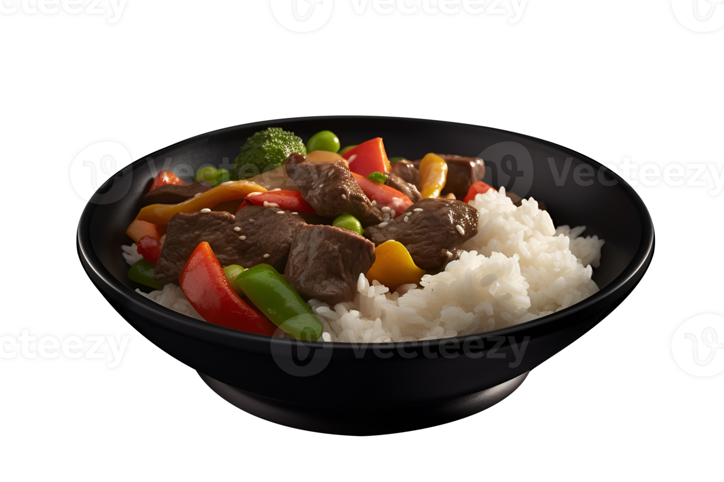 Beef and vegetables stir fry with jasmine rice in black bowl, isolated