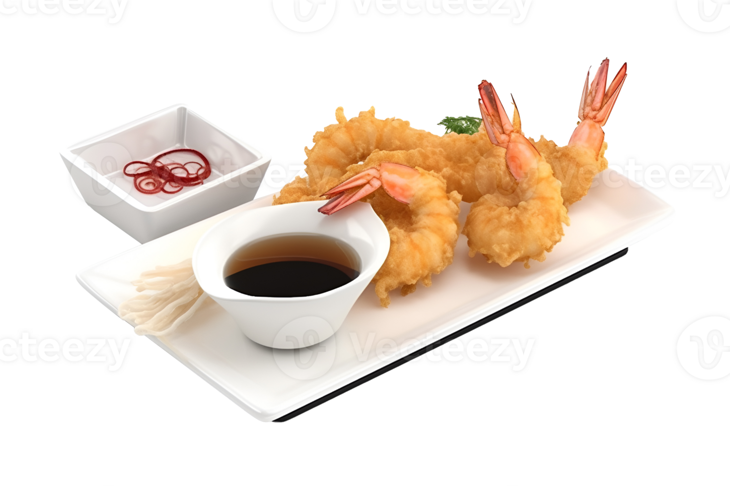 Tempura fried shrimp in a plate, isolated on white background, ai generate png
