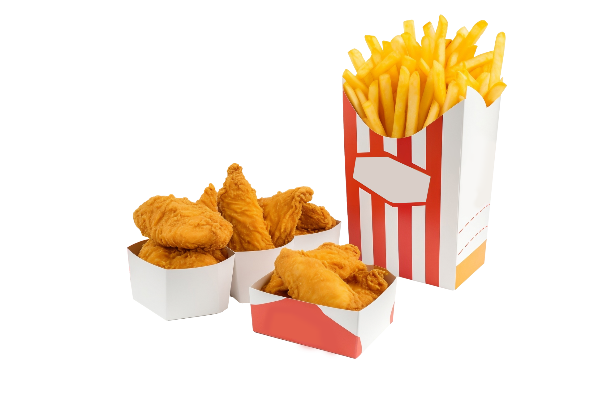 Fried Chicken Wings And French Fries In A Box Isolated On White fried-chicken-wings-and-french-fries-in-a-box-isolated-on-white