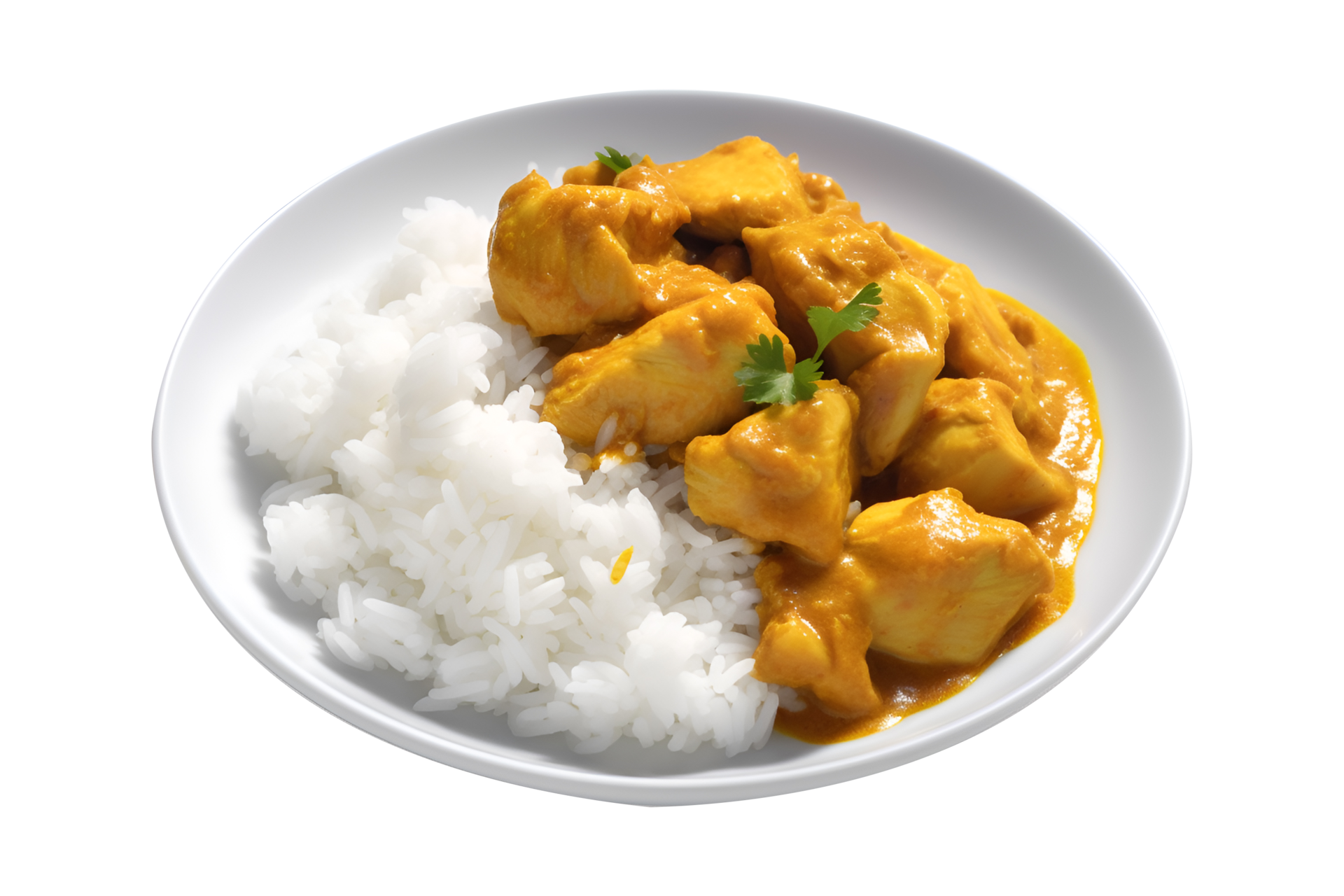 Chicken curry with jasmine rice in a white plate, isolated on white