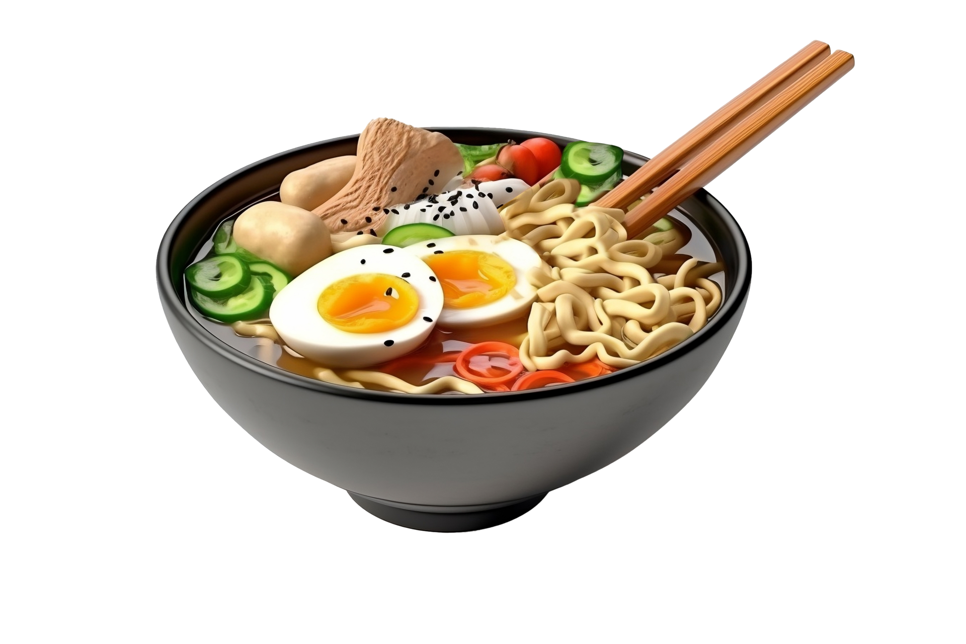 Asian noodle soup, ramen with chicken, vegetables and egg in black bowl ...