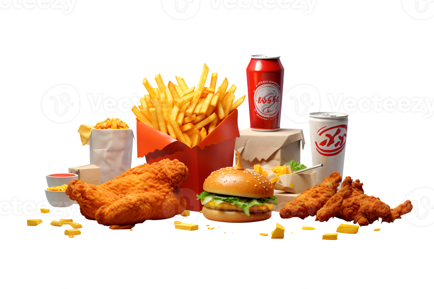 Fried chicken nuggets Hamburger and french fries in box, Fast food delivery foods isolated on white background, ai generate png