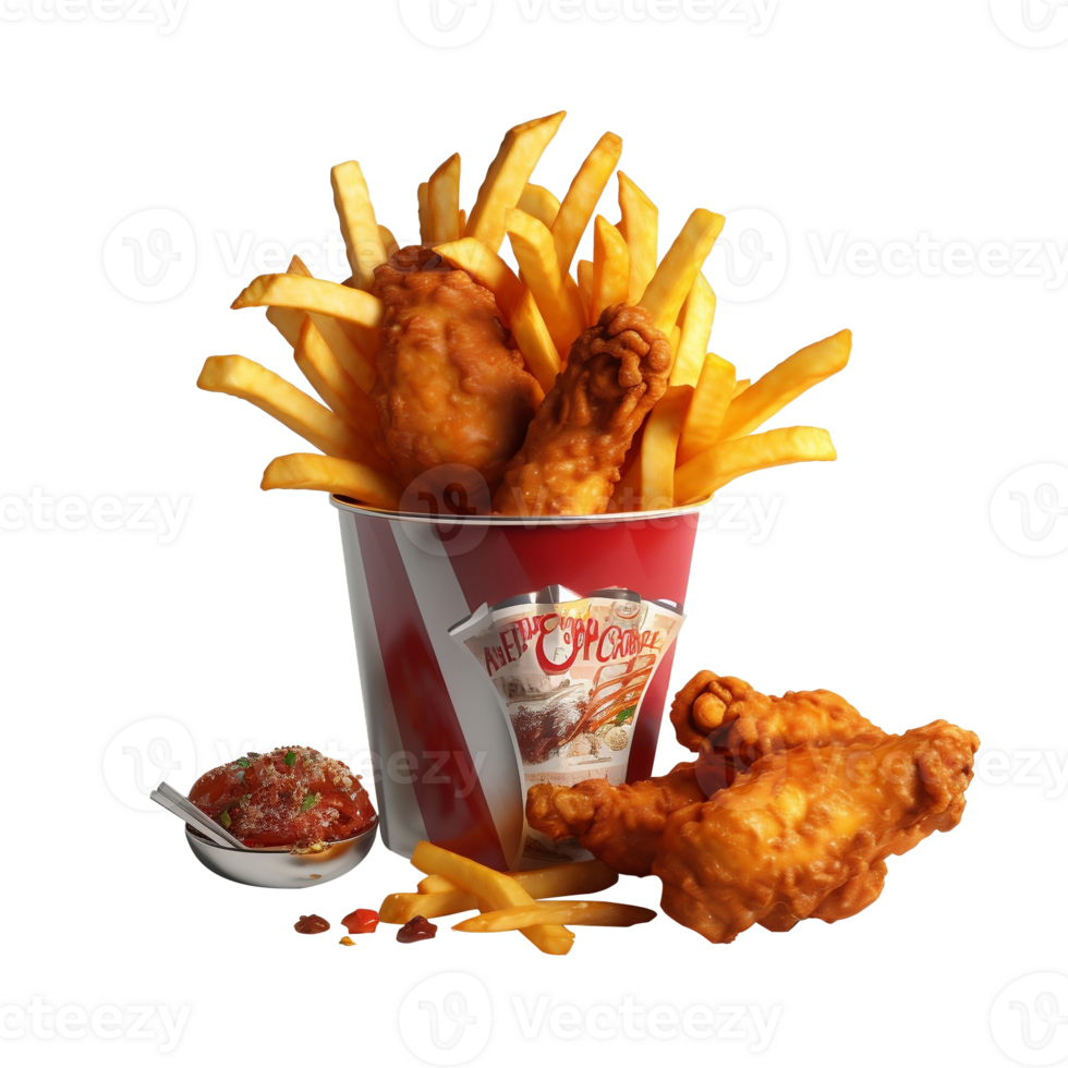 Fried chicken in a box, delivery foods isolated on white transparent background, ai generate png