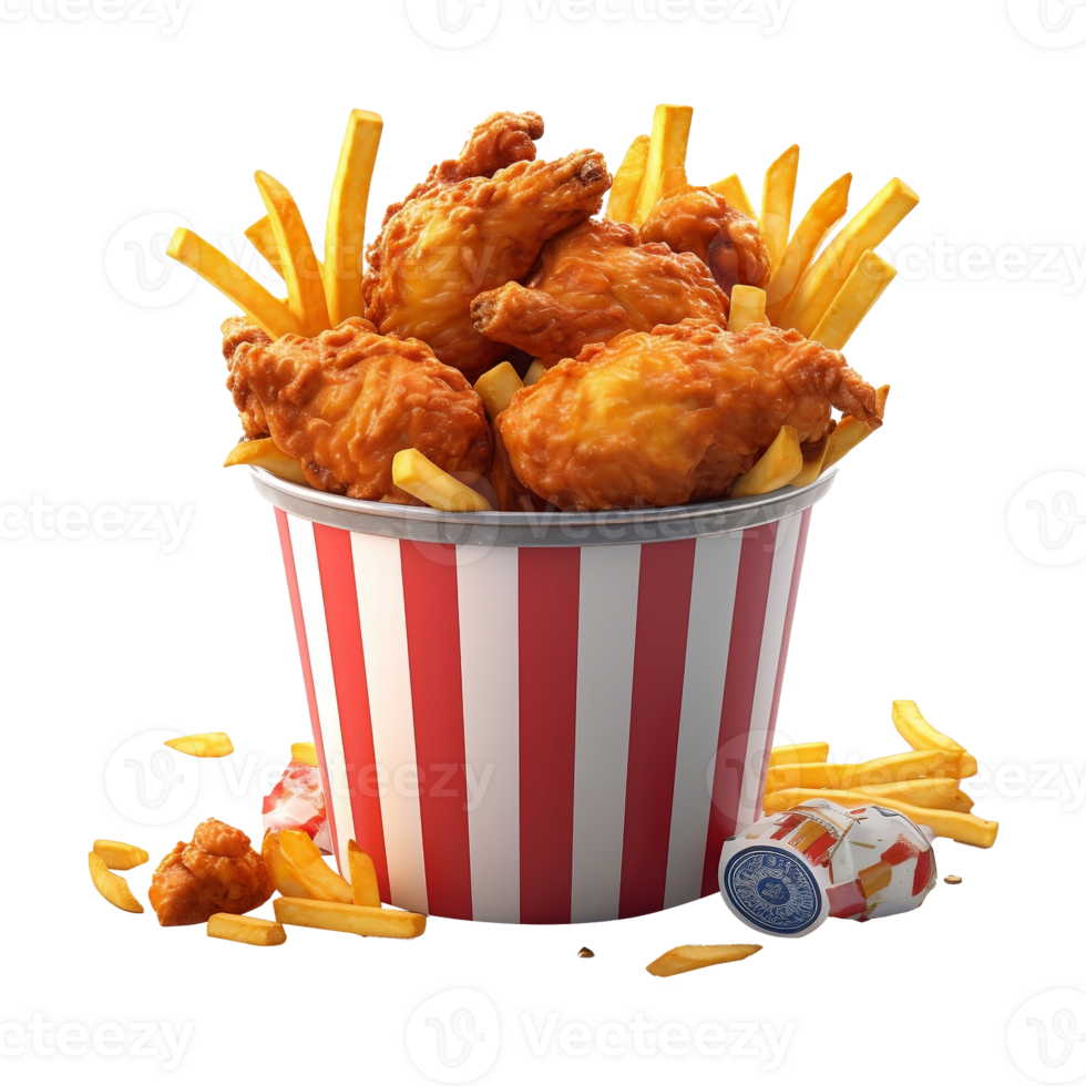 Fried chicken nuggets and french fries in a bucket, delivery fast foods isolated on white background, ai generate png