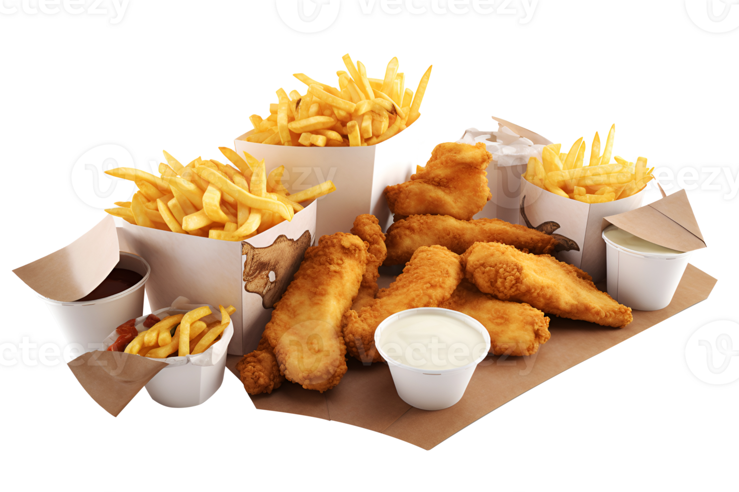Fried chicken nuggets Hamburger and french fries in box, Fast food delivery foods isolated on white background, ai generate png