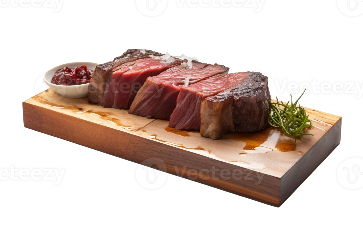 Beef steak on wooden plate, isolated on white background, ai generate