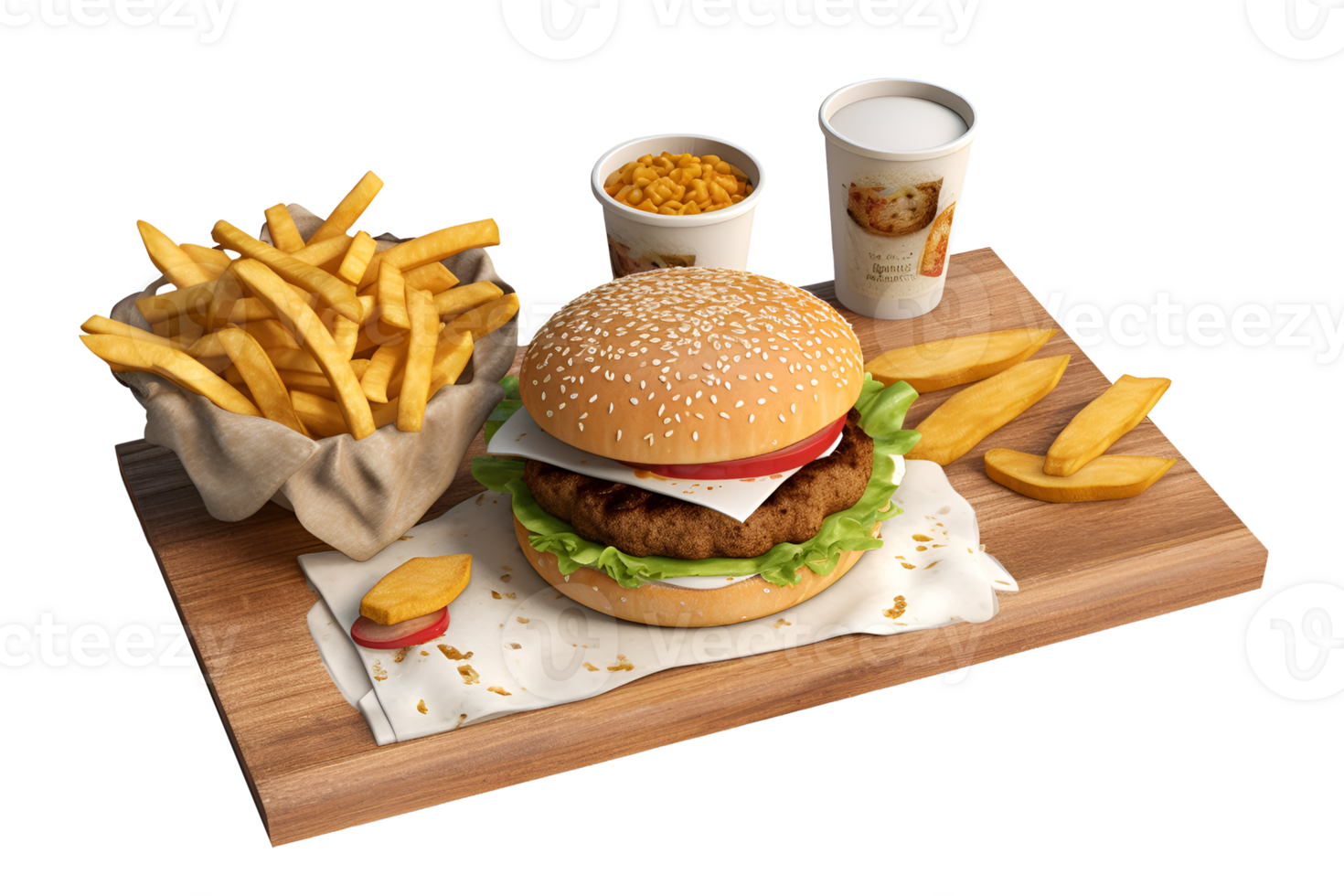 Hamburger with French fries on wooden plate, delivery foods isolated on white transparent background, ai generate png