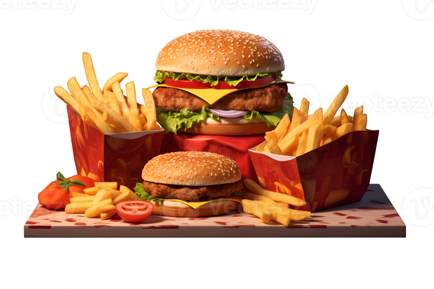 Hamburger with French fries on wooden plate, delivery foods isolated on white transparent background, ai generate png