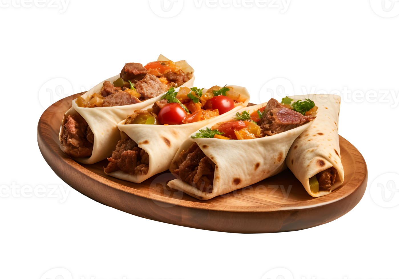 Burritos Wrapped with Beef and Vegetables on wooden plate, isolated on white transparent background, ai generate png