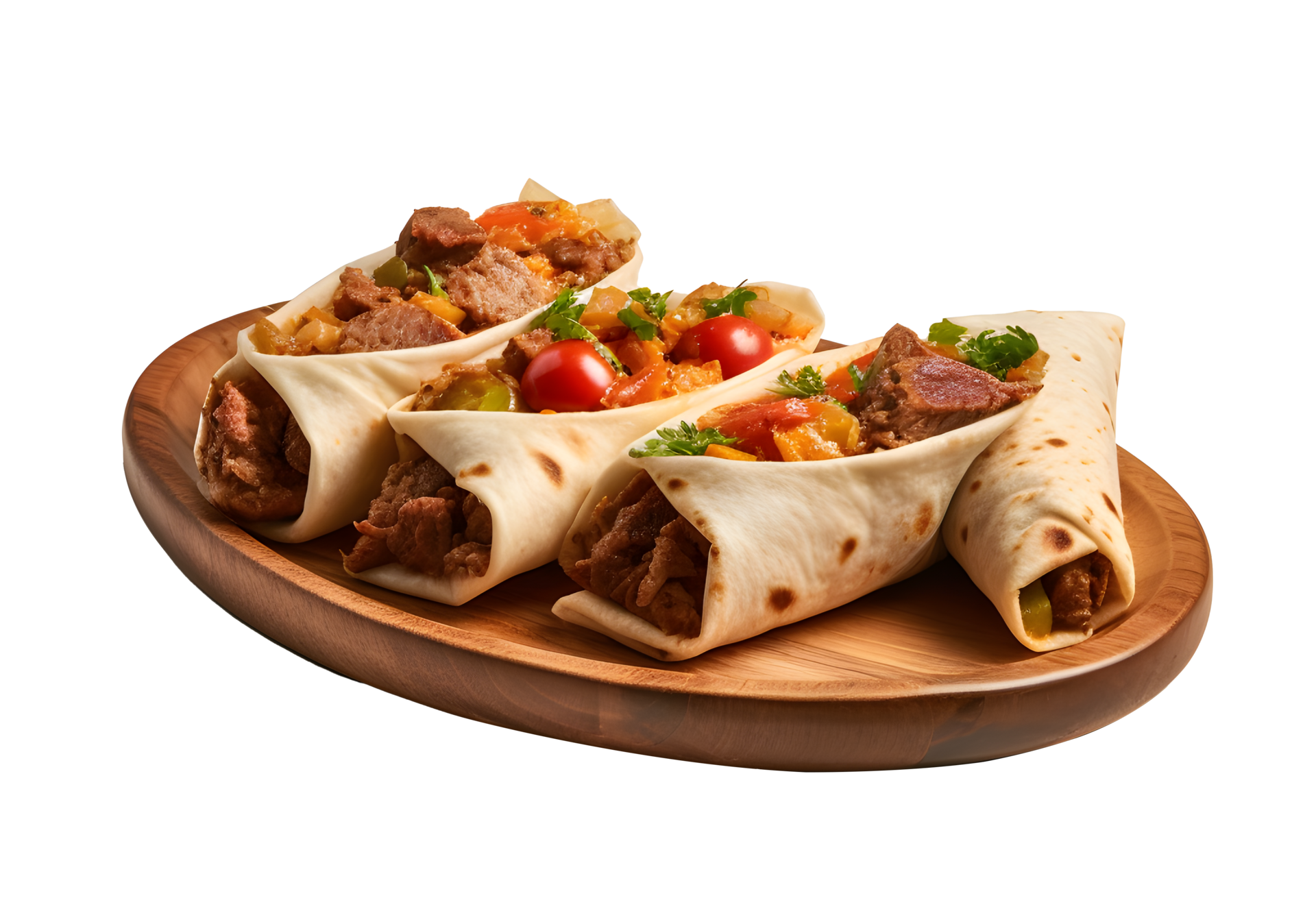 burritos envuelto con carne de vaca y vegetales en de madera lámina
