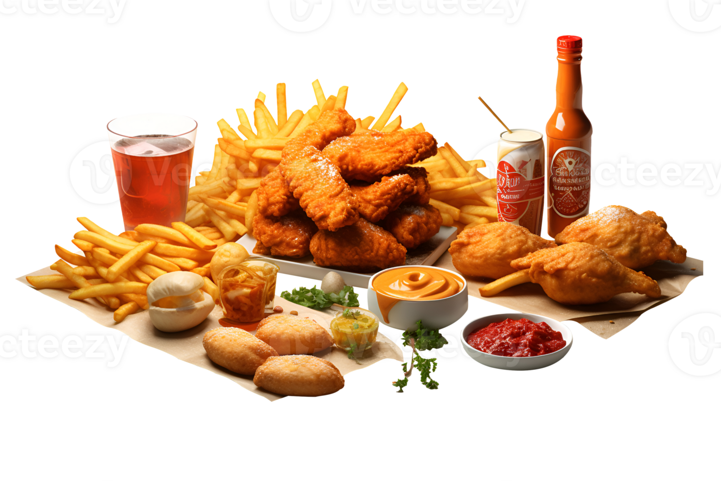 Fried chicken nuggets Hamburger and french fries in box, Fast food delivery foods isolated on white background, ai generate png